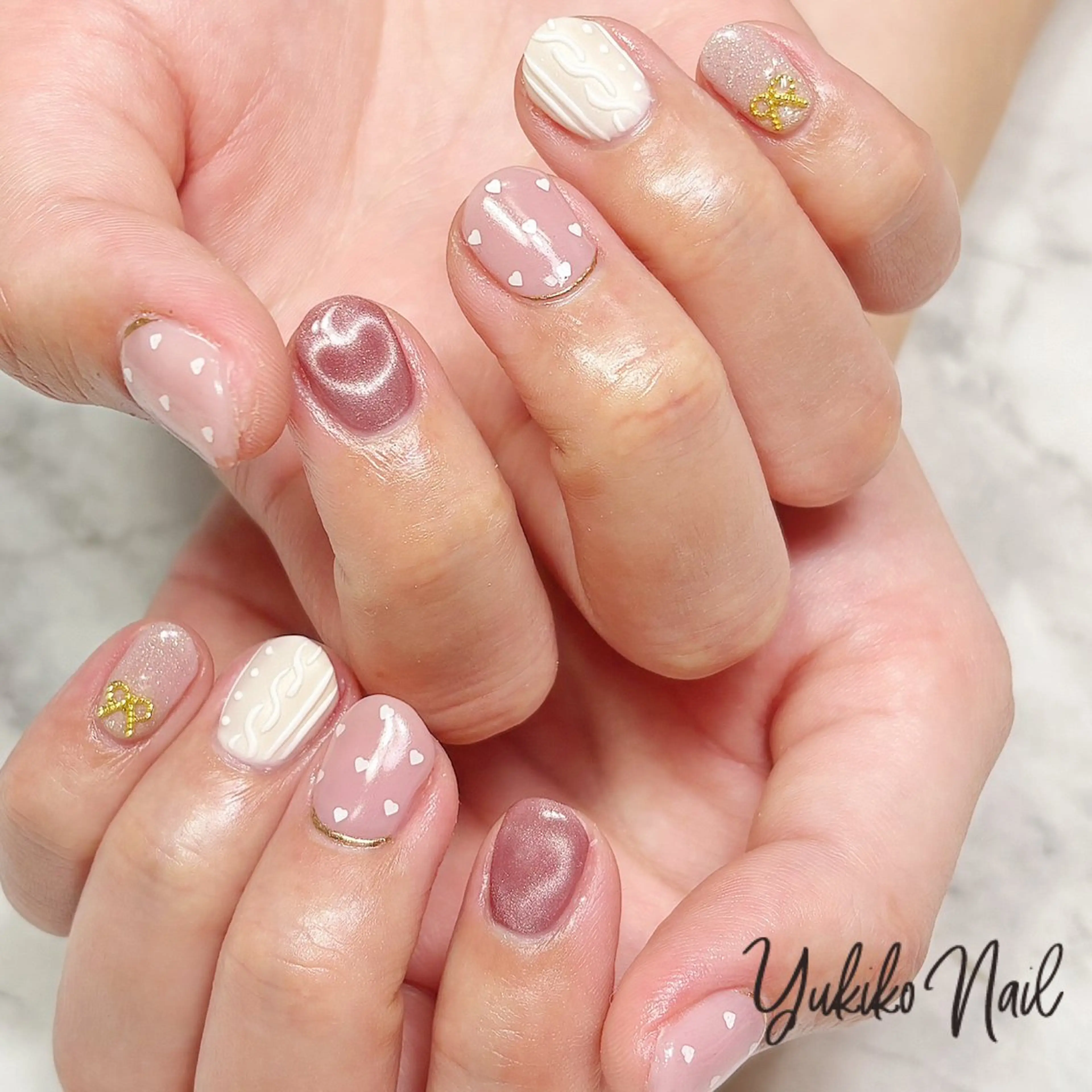 ネイル ガーリー ハート ピンク 冬ネイル ハンドネイル ユキコ ネイルのネイルデザイン