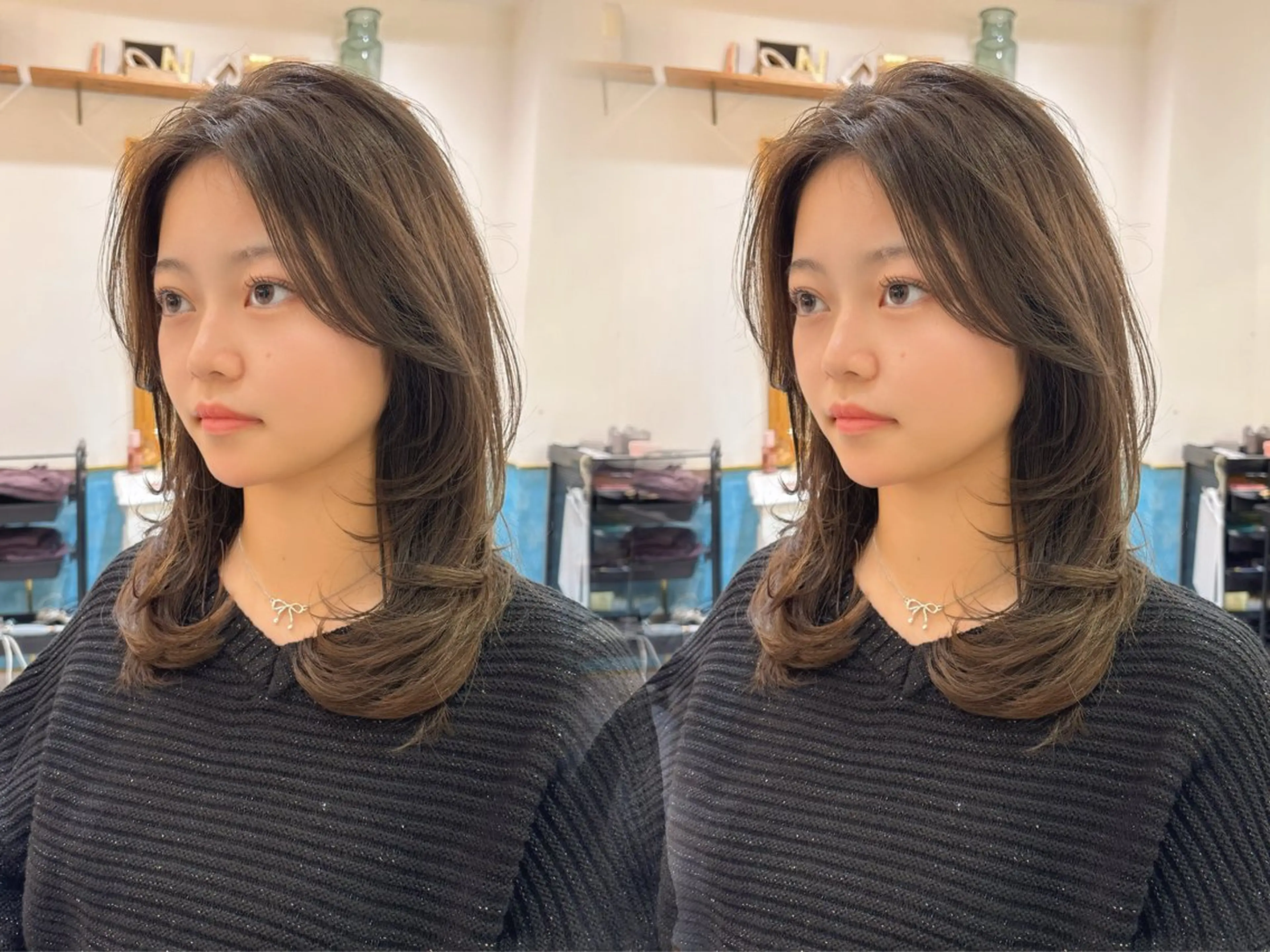 ミディアム カラー ヘアアレンジ カット ヘアカラー トリートメント ♥韓国レイヤー/透明 感カラー/目黒慎太郎のヘアスタイル