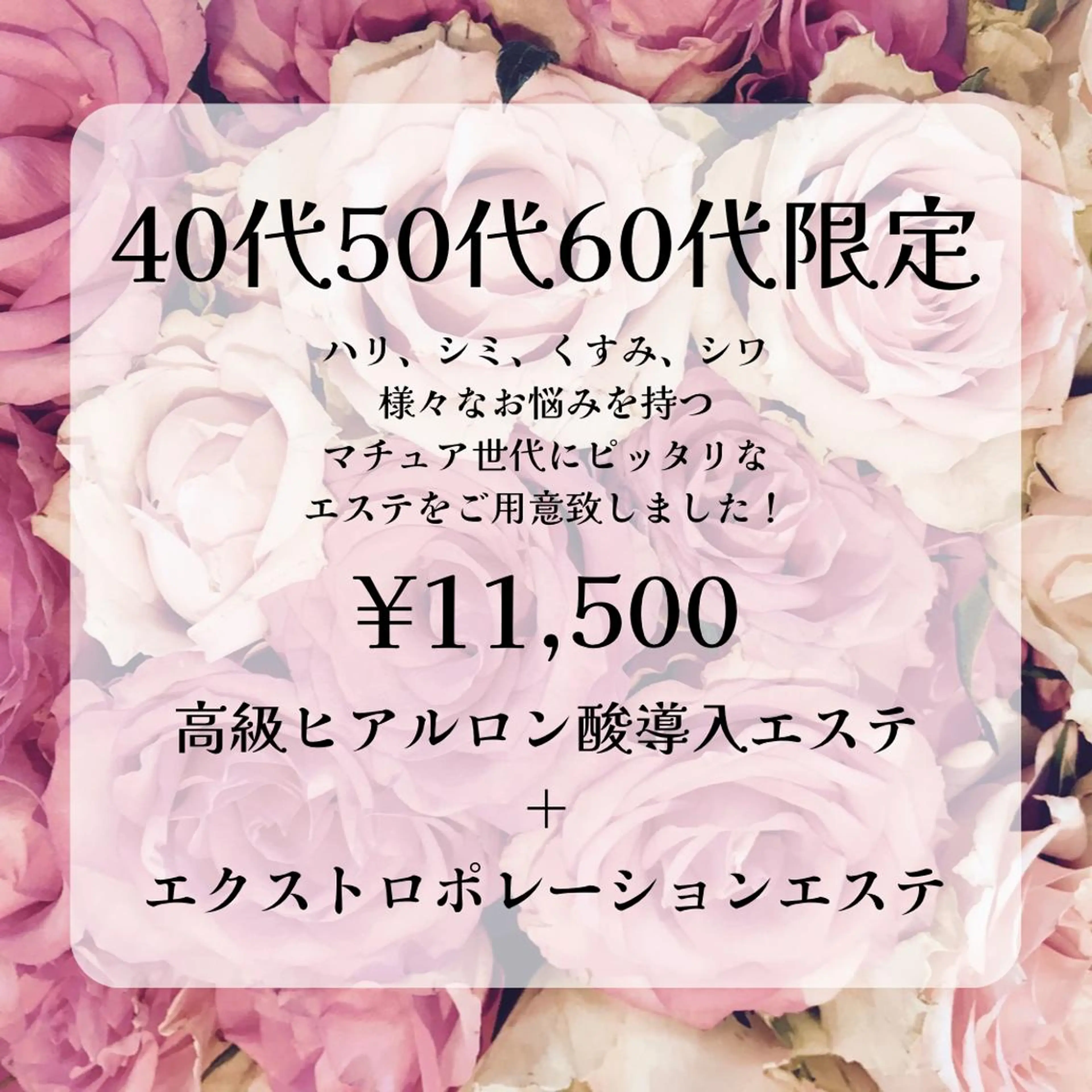 40​〜​60代限定＊高級エステ2回コース/様々なお悩みの方に効果的！いくつになっても綺麗でいたい！自分へのご褒美にもの写真