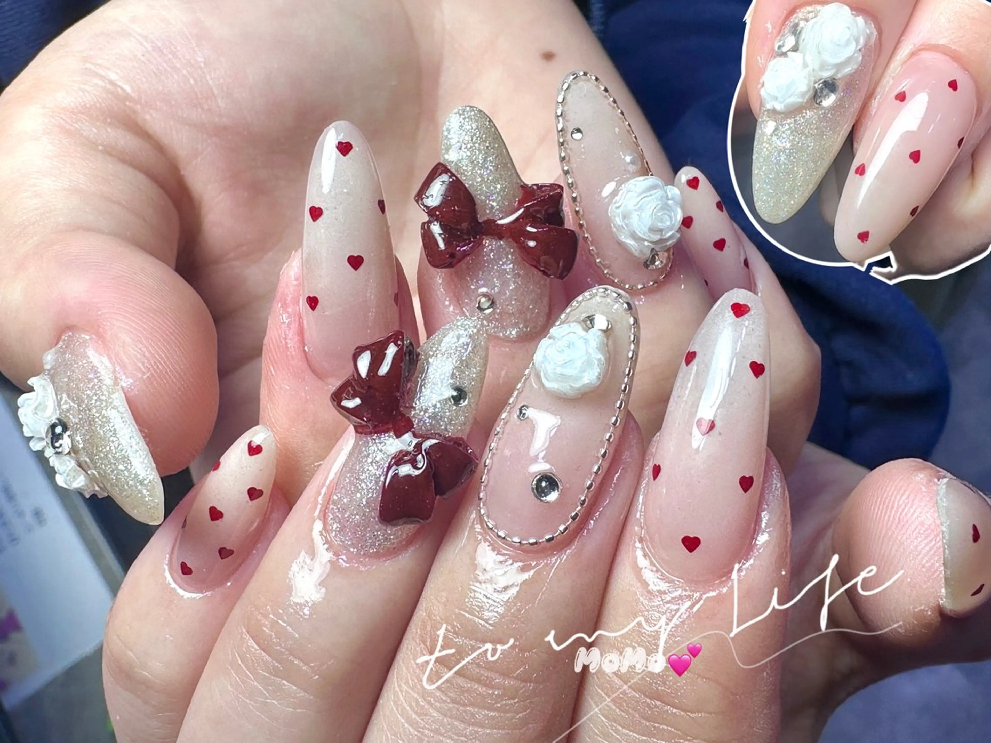 ネイル ハート リボン ワンホンネイル ハンドネイル MOMO nailのネイルデザイン