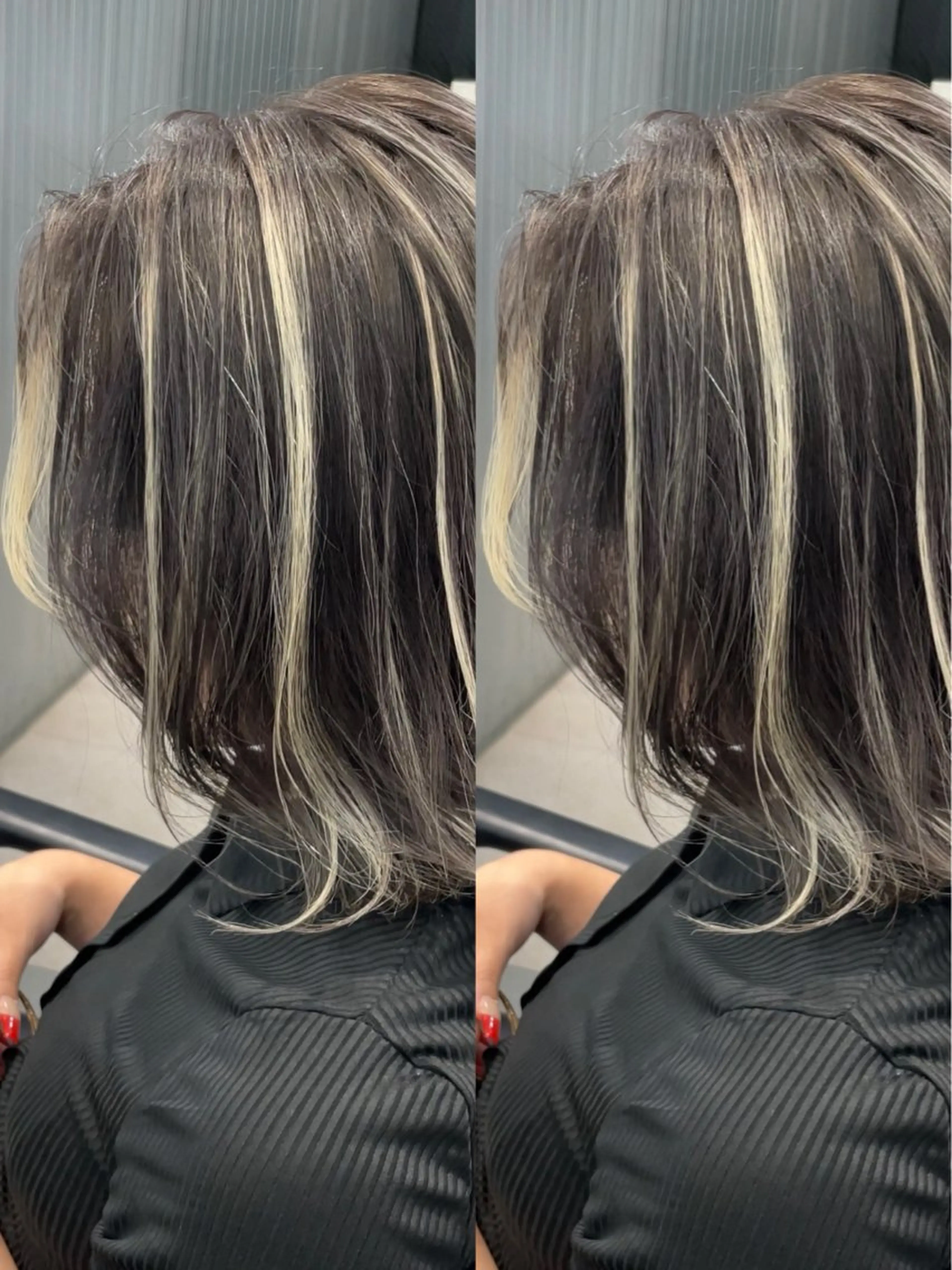 セミロング カラー ベージュカラー ブリーチ グレージュ ハイライトカラー ハイライト カット ヘアカラー トリートメント 表参道/ハイライト バレイヤージュのヘアスタイル