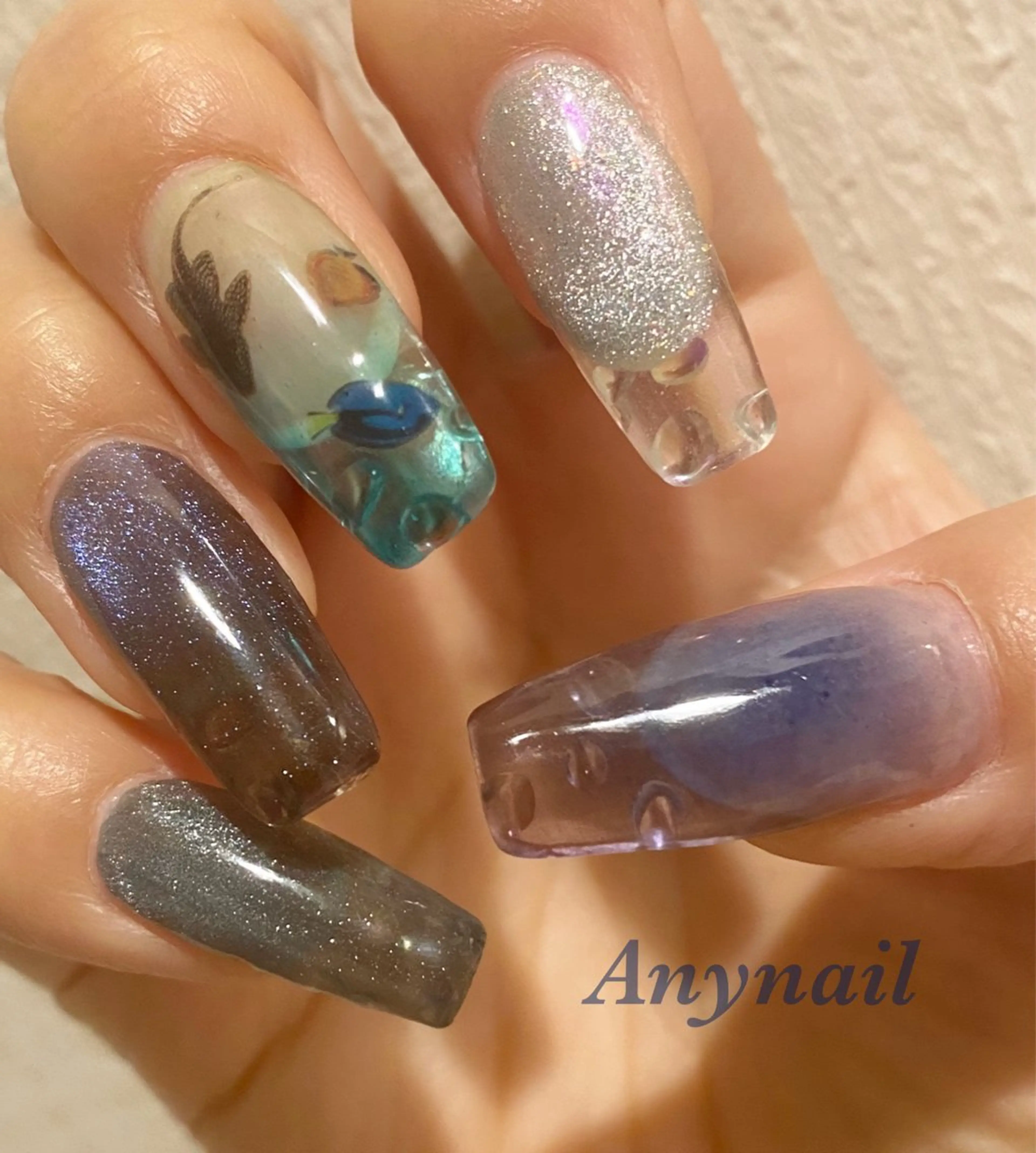 ネイル ブルー クリアネイル マグネットネイル スカルプネイル 岩澤 恵子のネイルデザイン