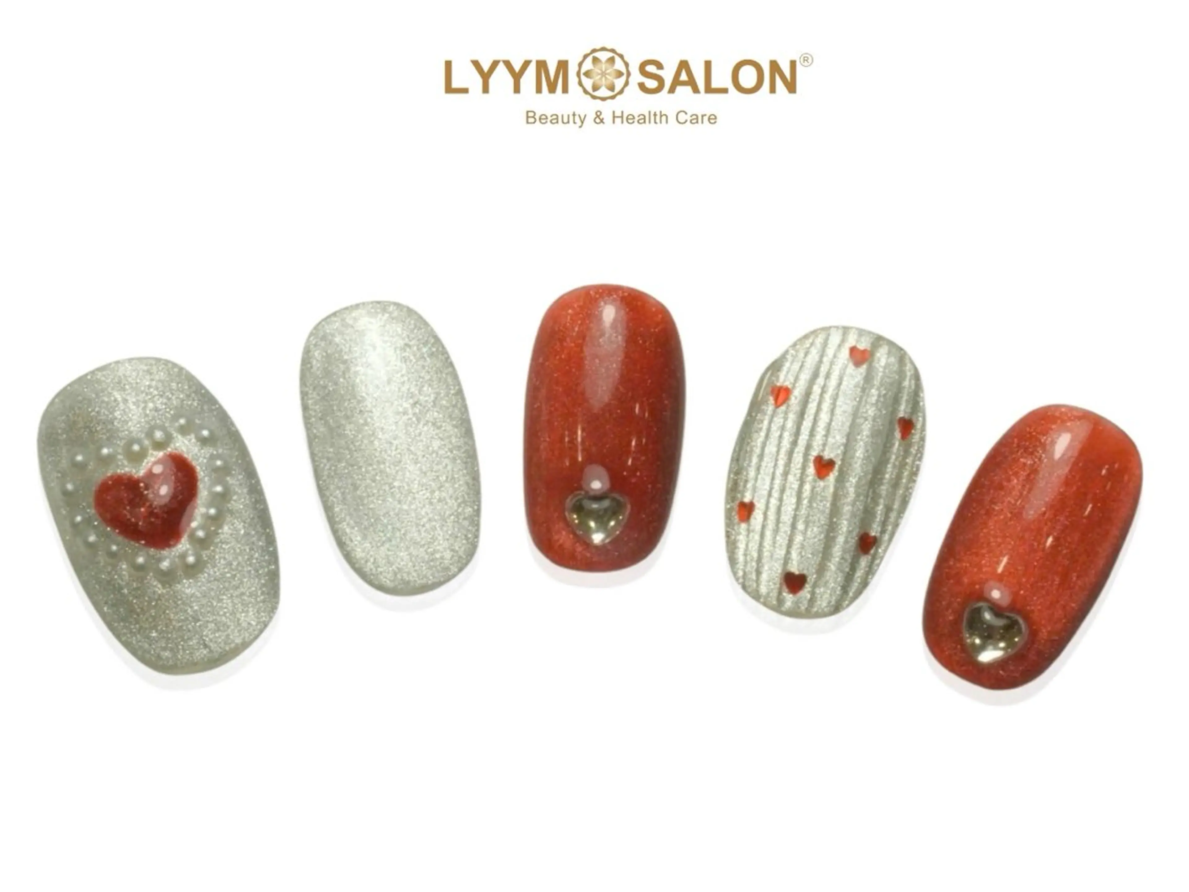 ネイル アートネイル ハート 韓国ネイル 赤色 シルバー ハンドネイル LYYM Salonのネイルデザイン