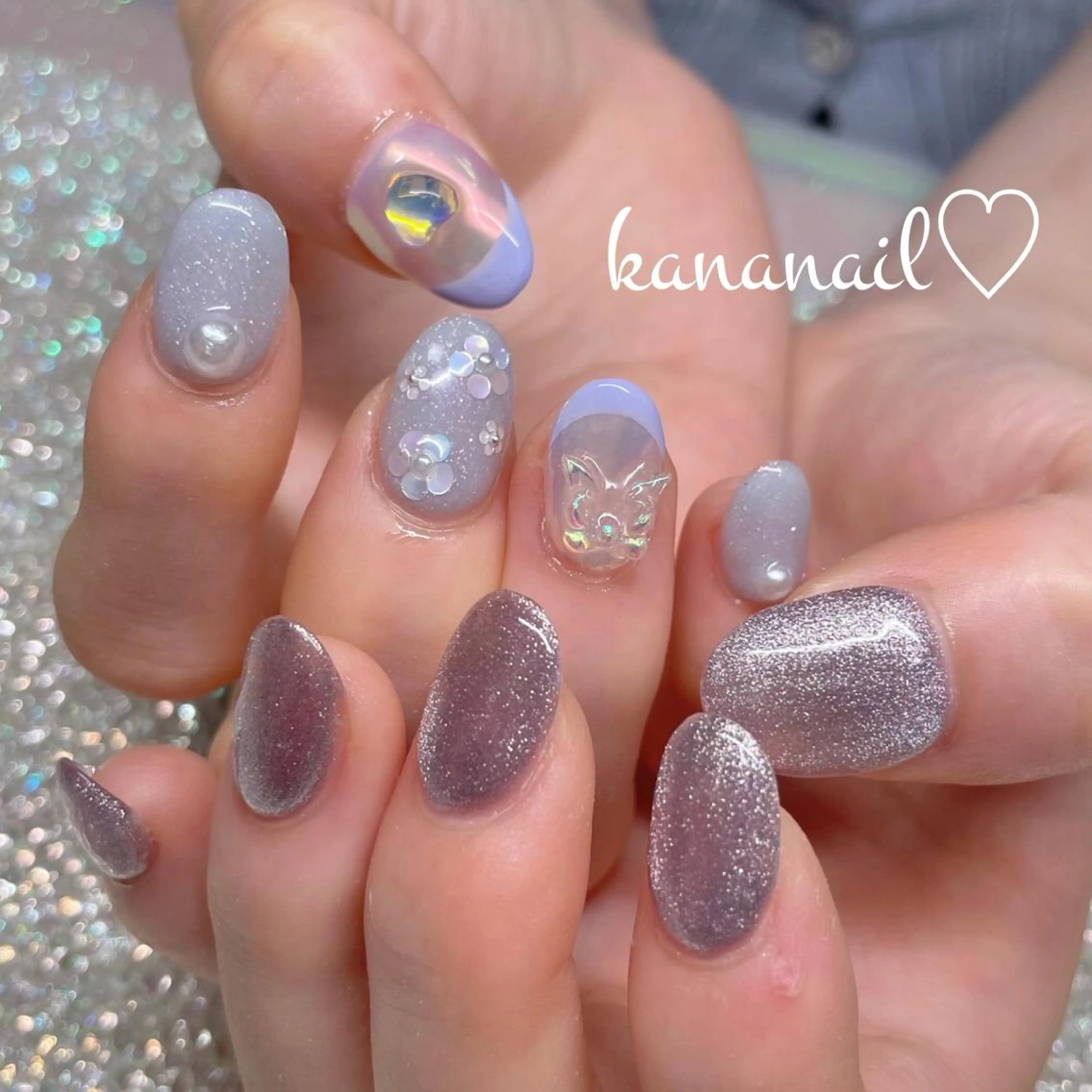 ネイル オーロラネイル フレンチネイル ホログラムネイル 水色 マグネットネイル kananail ♡のネイルデザイン