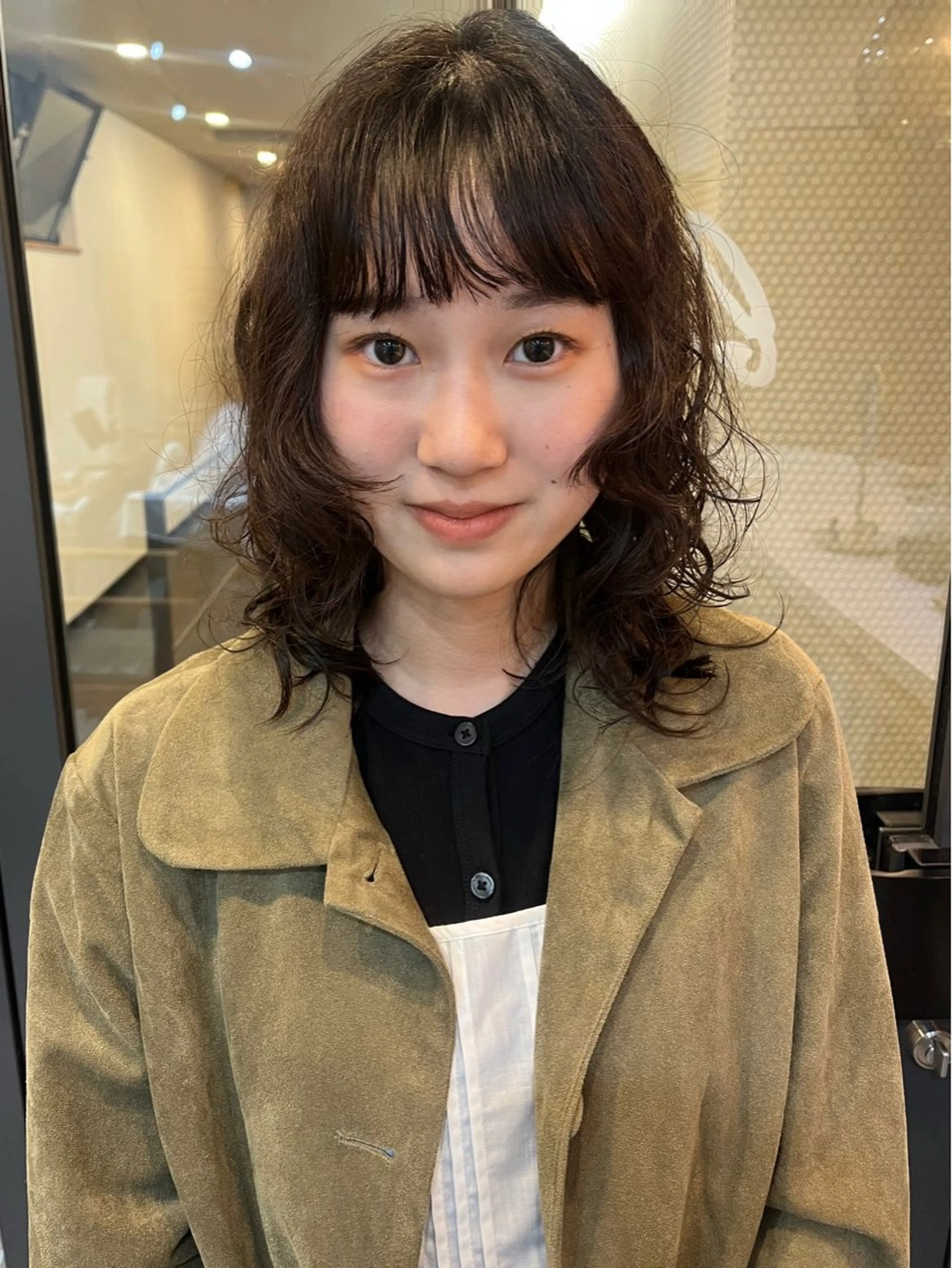 ミディアム 顔周りカット パーマ レイヤー/暖色/ 髪質改善/永礼芳果のヘアスタイル