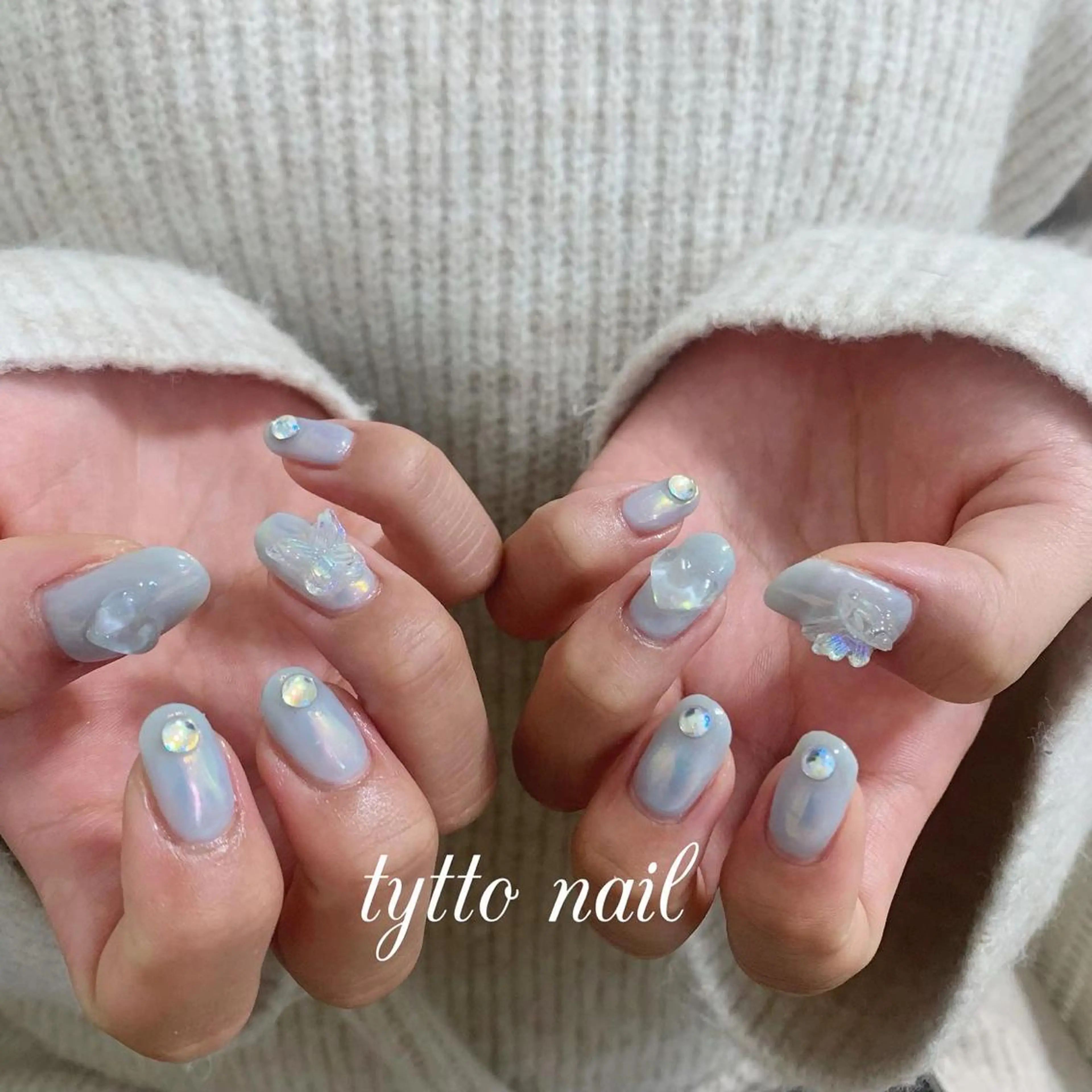 ネイル オーロラネイル ブルー ハート 氷ネイル・うるうるネイル 韓国ネイル ハンドネイル tytto nail ❤︎‪‪eri‪‪のネイルデザイン