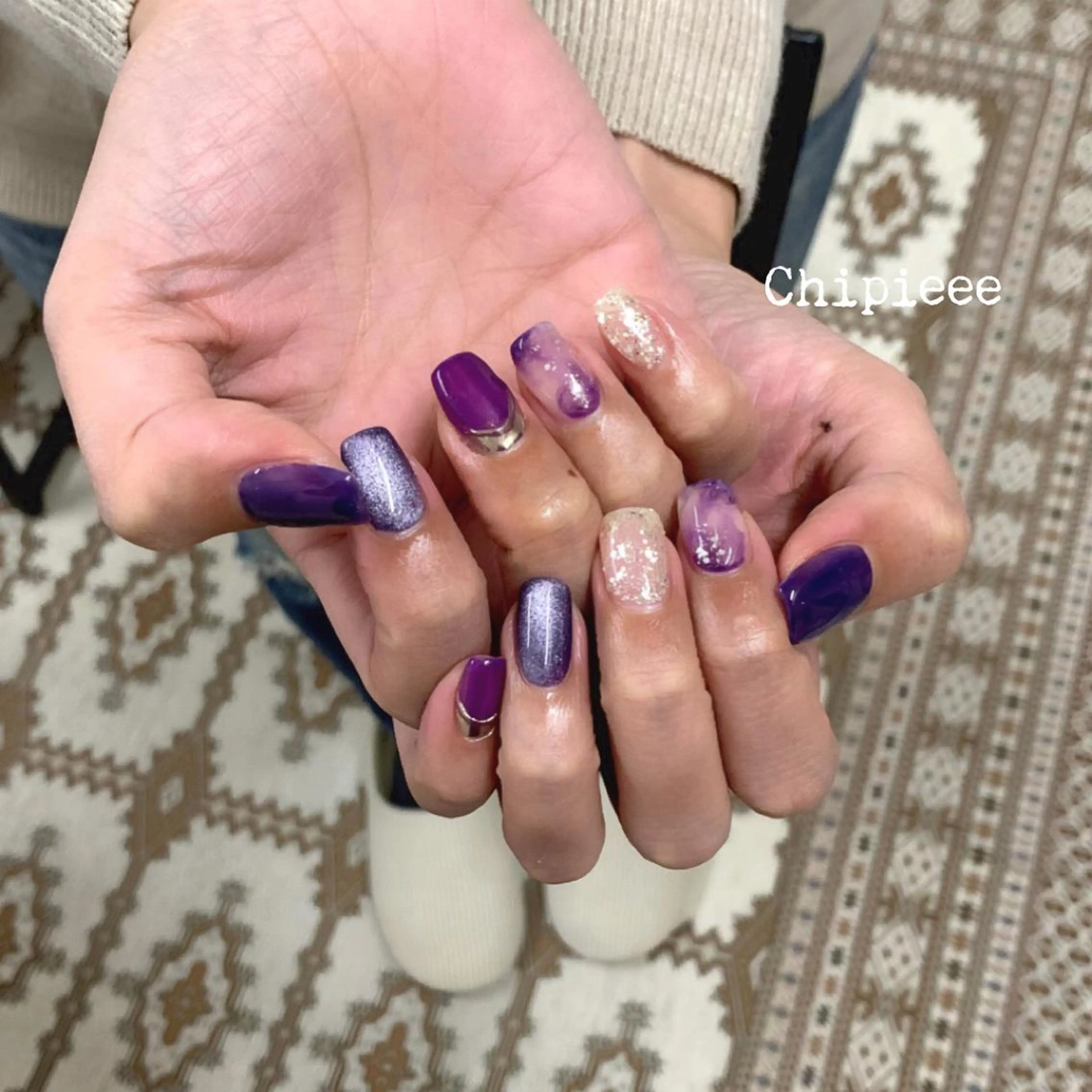 ネイル マグネットネイル ミラーネイル ニュアンスネイル パープル . SHIORIのネイルデザイン