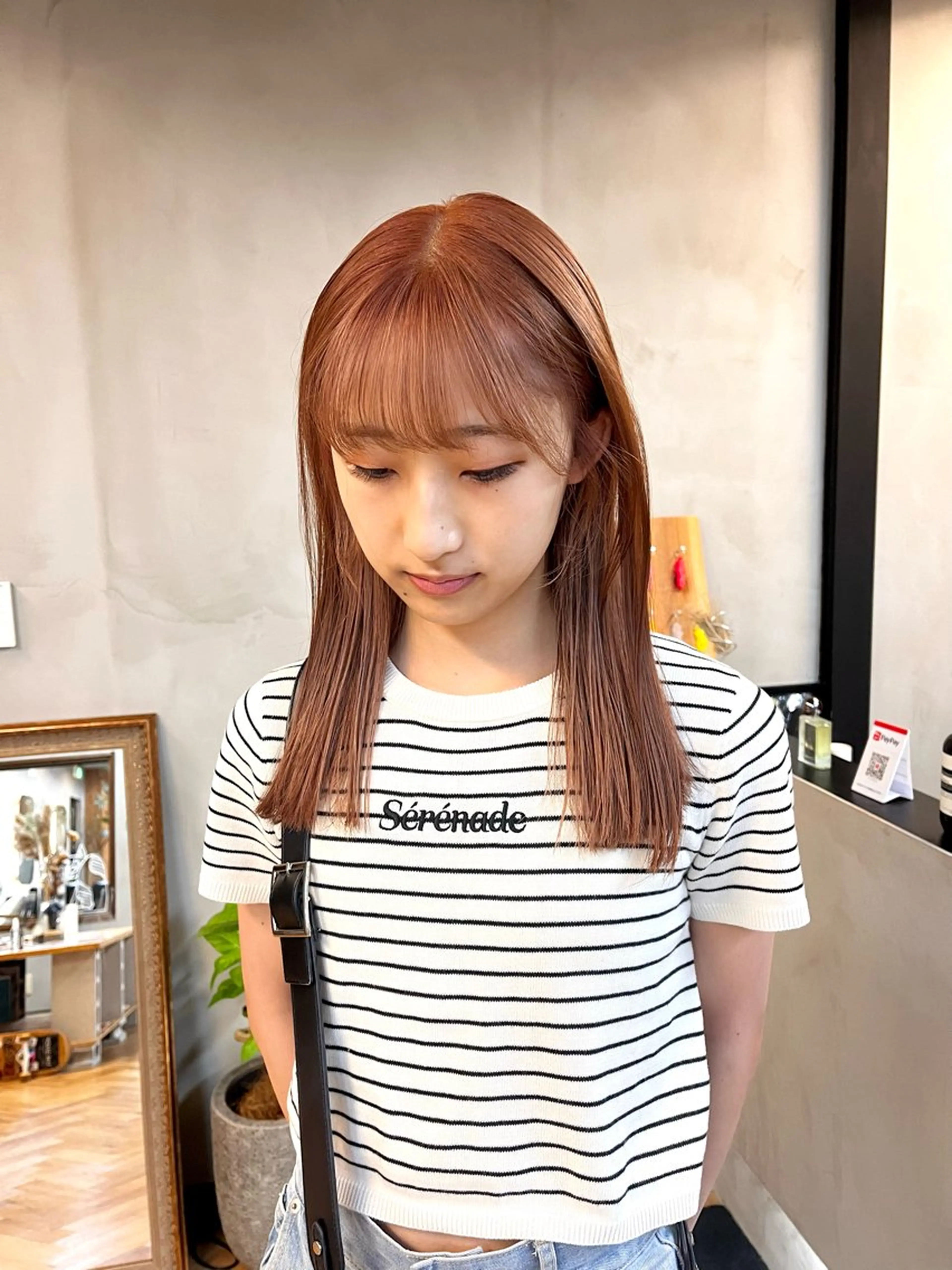 セミロング カラー ヘアアレンジ ブリーチ オレンジ ピンクカラー ena/ブリーチなし 透明感・レイヤー🎀のヘアスタイル