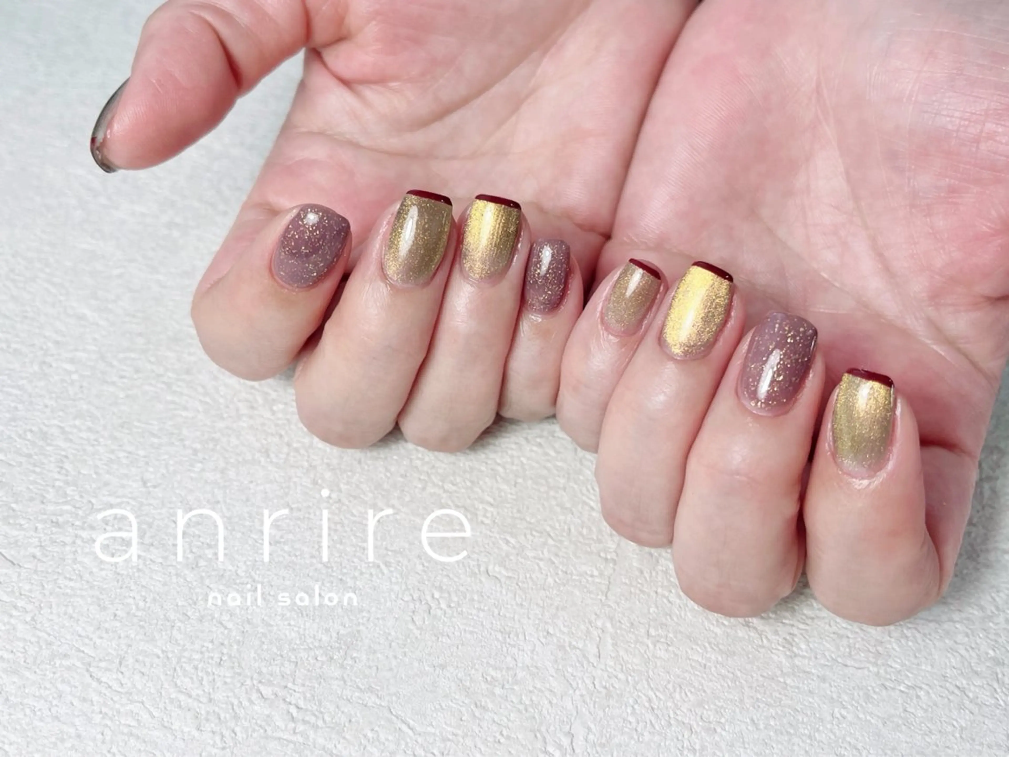 ネイル ボルドー ブラウン フレンチネイル ジェルネイル キラキラネイル ハンドネイル nailsalon anrireのネイルデザイン
