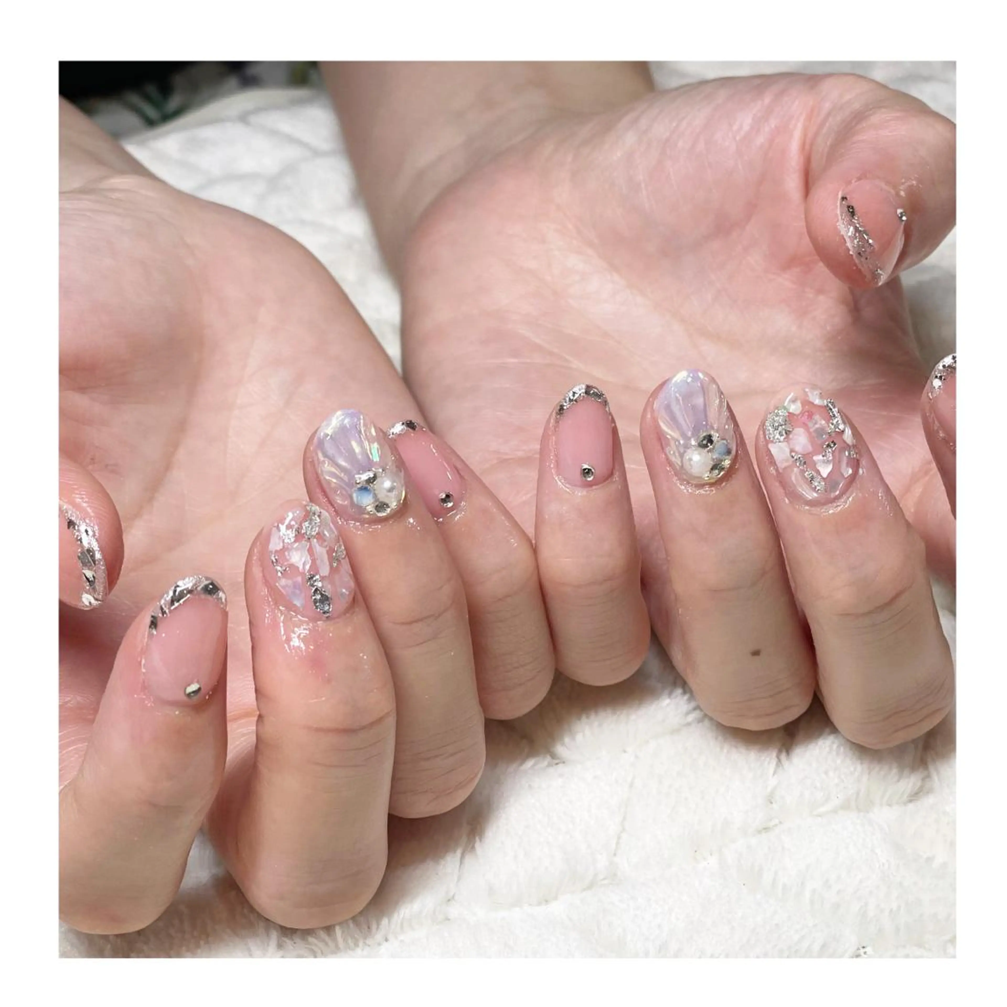 ネイル アートネイル フレンチネイル ジェルネイル ガラスフレンチ ピンク ハンドネイル LaLa Peach 福岡のマツエク・マツパデザイン