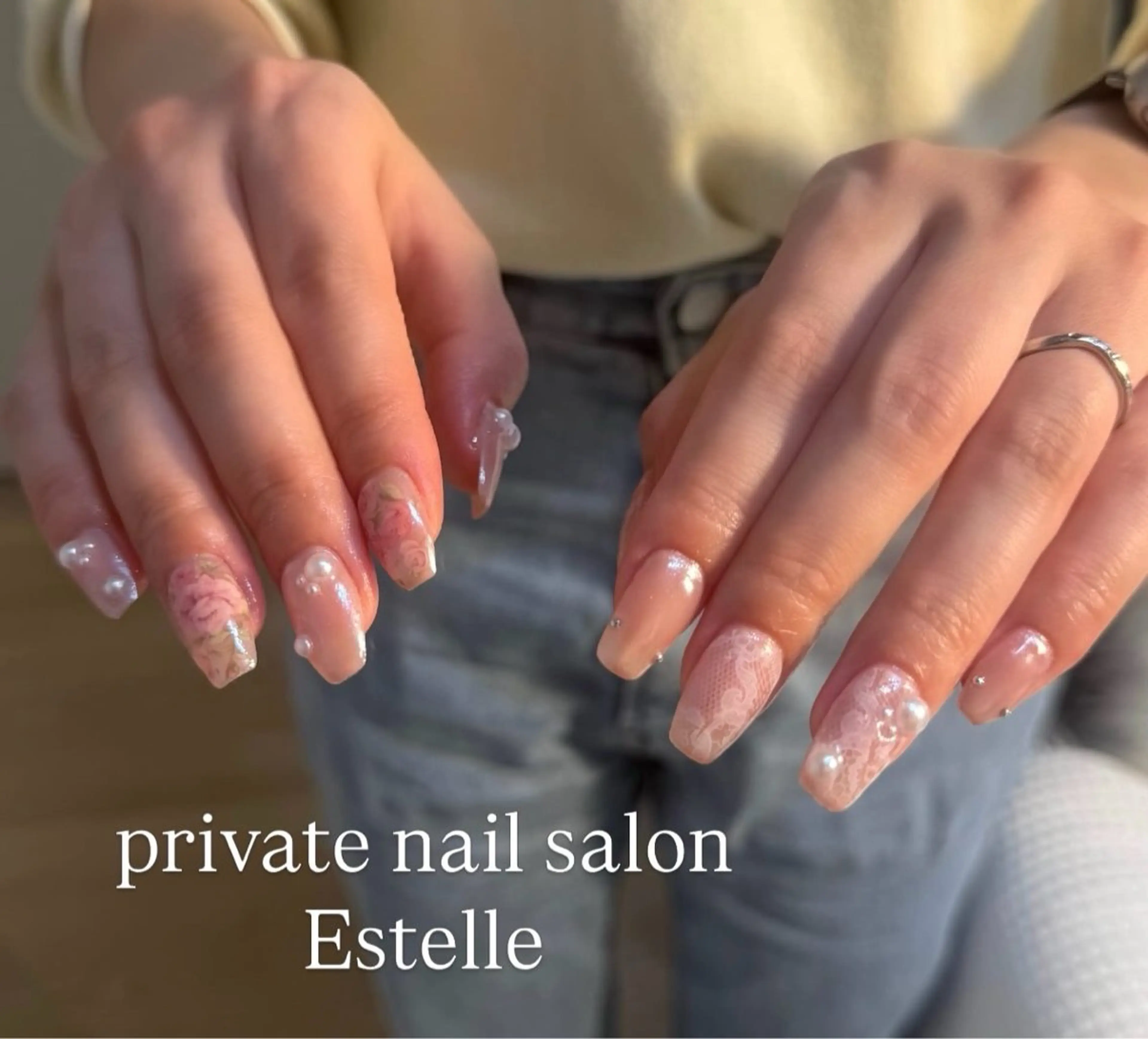 ネイル フラワーネイル レース ミラーネイル 持ち込み ニュアンスネイル ハンドネイル nail salon Estelleのネイルデザイン
