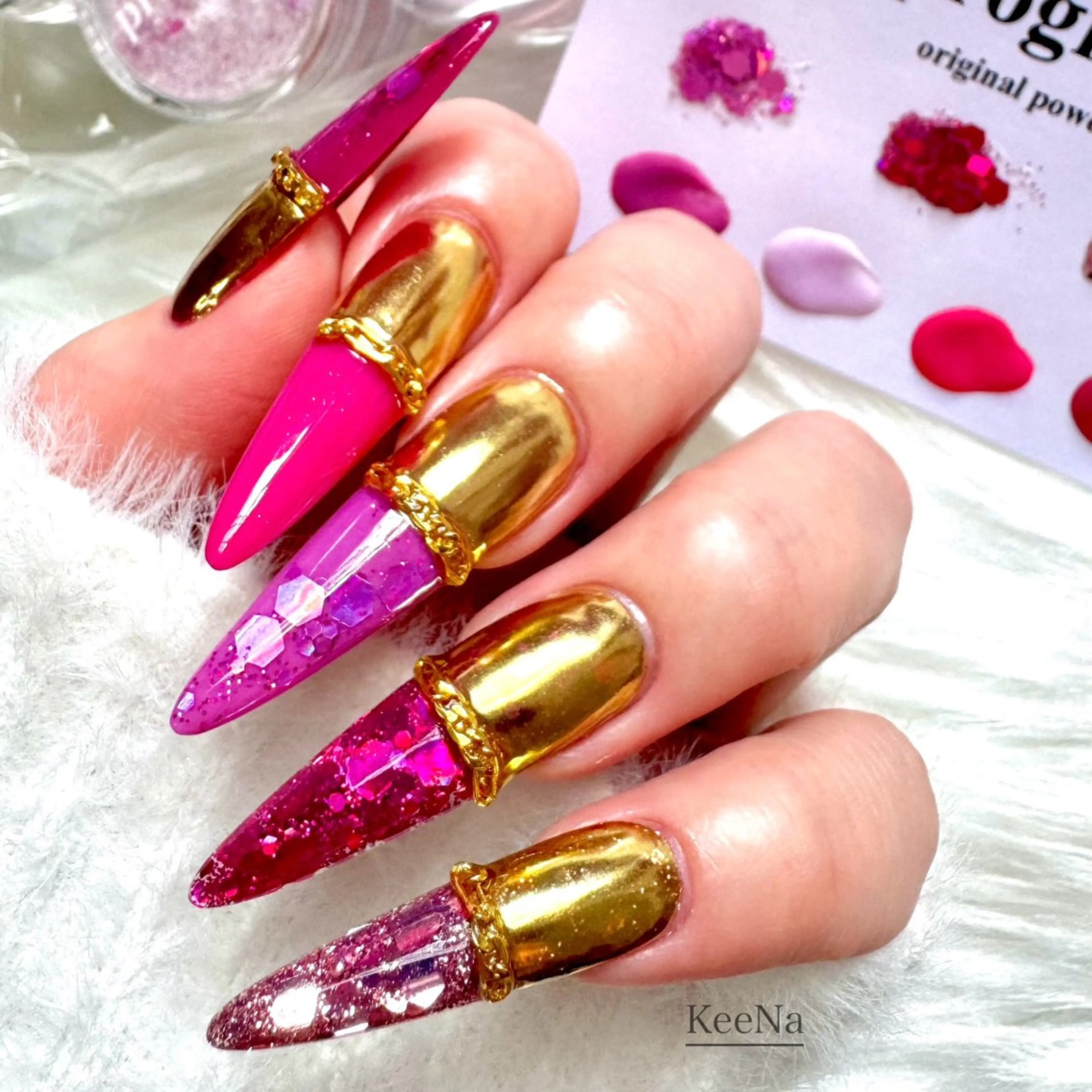 ネイル ロングネイル ミラーネイル ピンク スカルプネイル KeeNa キーナのネイルデザイン