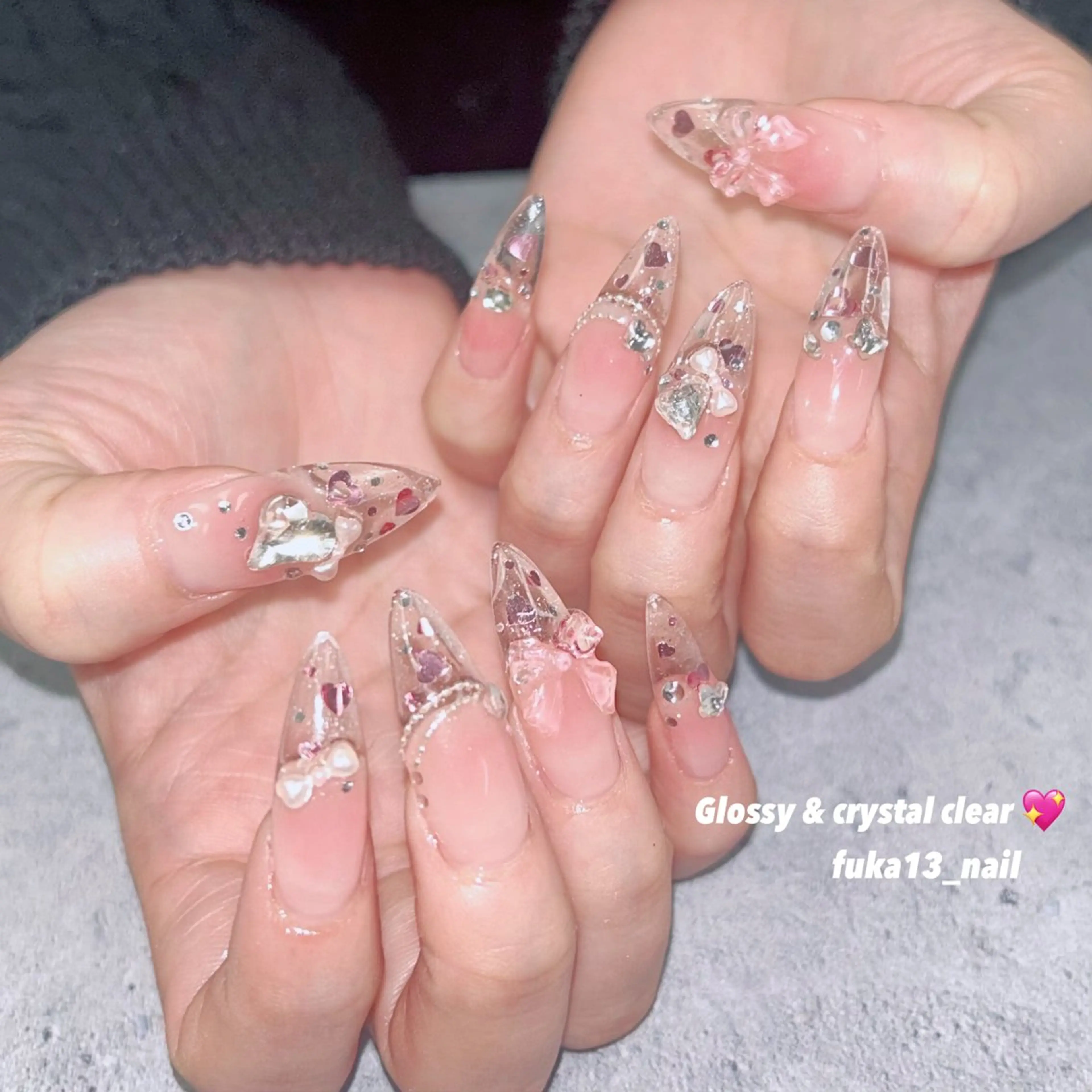 ネイル チークネイル クリアネイル 長さ出し ガーリー キラキラネイル ハンドネイル ネイルサロンAnela【アネラ】所属・Nail♡Fuka. /4月予約受付中のネイルデザイン