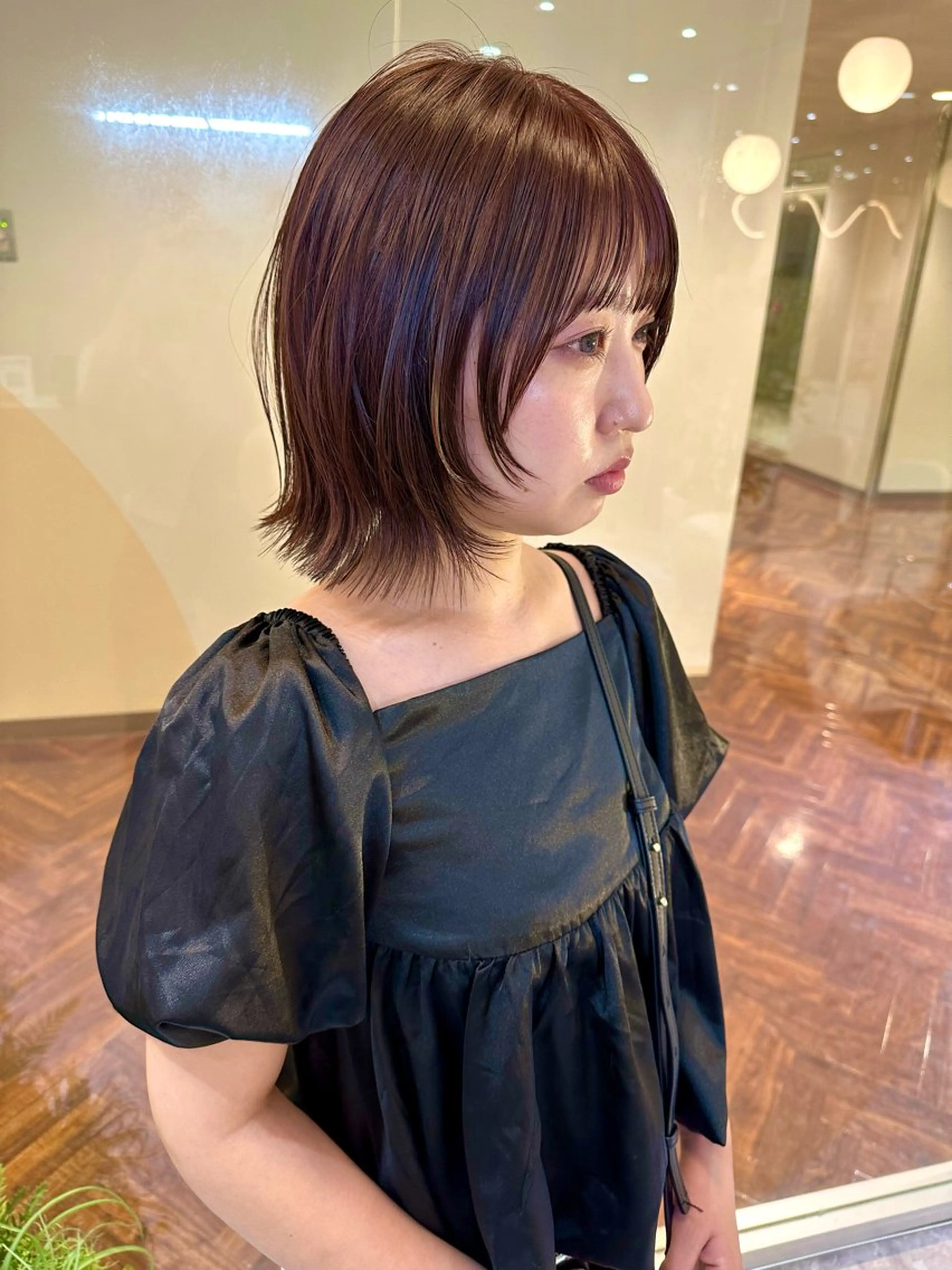 ミディアム ピンクブラウン レイヤーカット カット ヘアカラー トリートメント レイヤー/ボブ/ 顔周り/yukinaのヘアスタイル