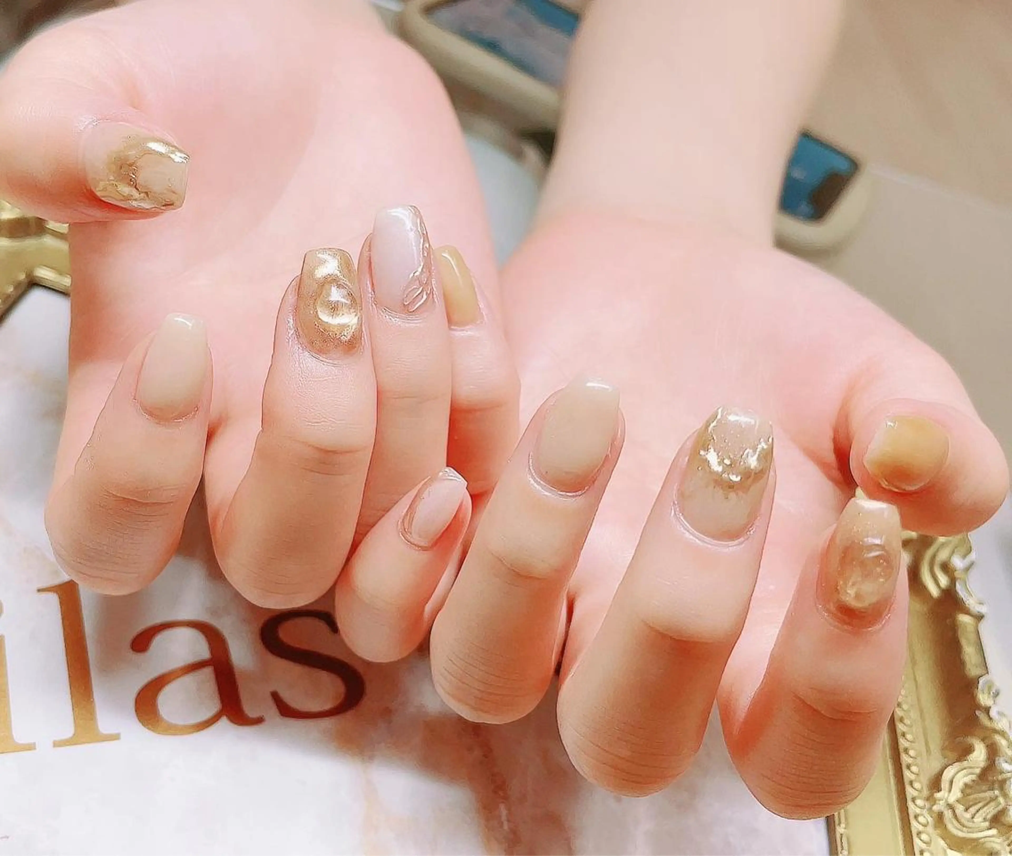 ネイル ジェルネイル ゴールド ハードジェル ロングネイル ミラーネイル Lilas Nailのネイルデザイン