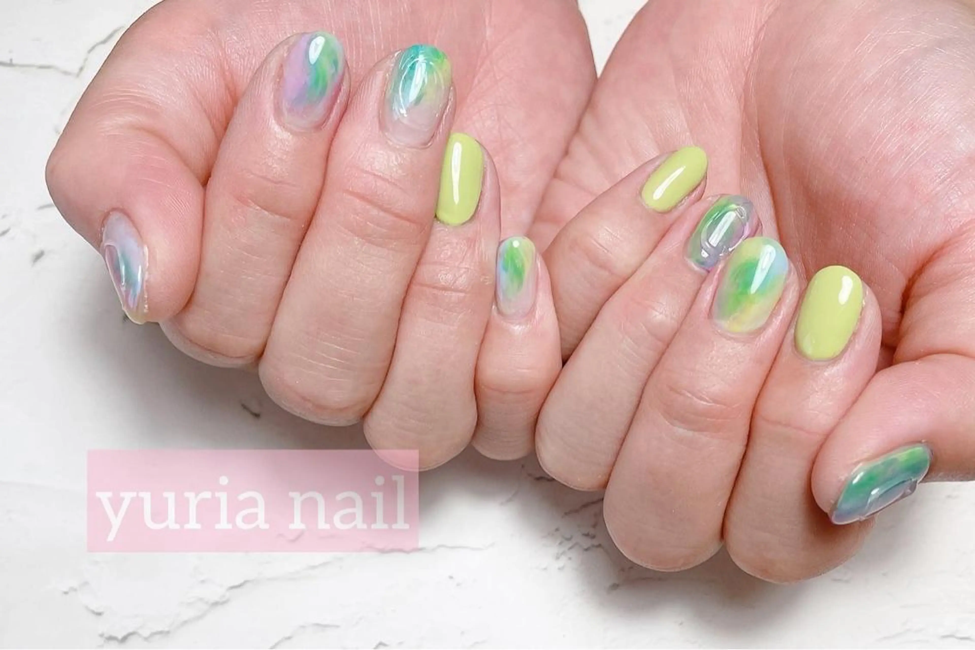 ネイル ブルー ジェルネイル グリーン 持ち込み ニュアンスネイル ハンドネイル 小林 ゆりあのネイルデザイン