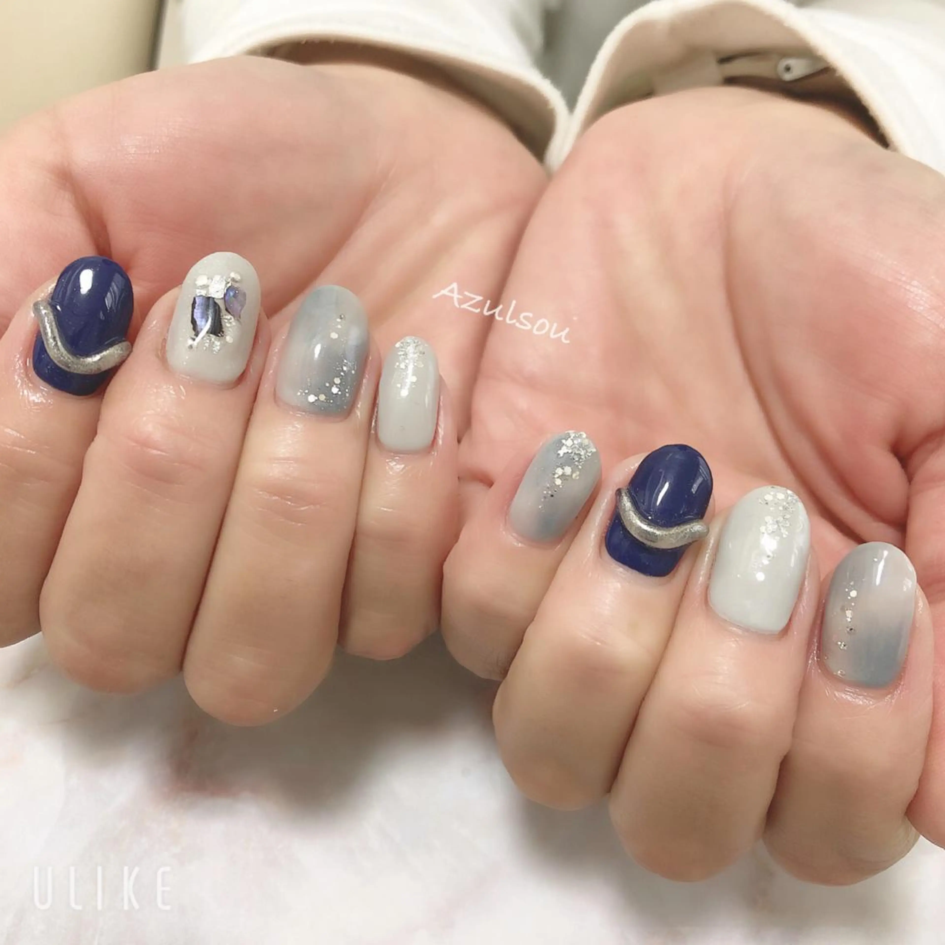 ネイル ブルー ジェルネイル 韓国ネイル ミラーネイル 持ち込み Azulsou 廣川愛のネイルデザイン