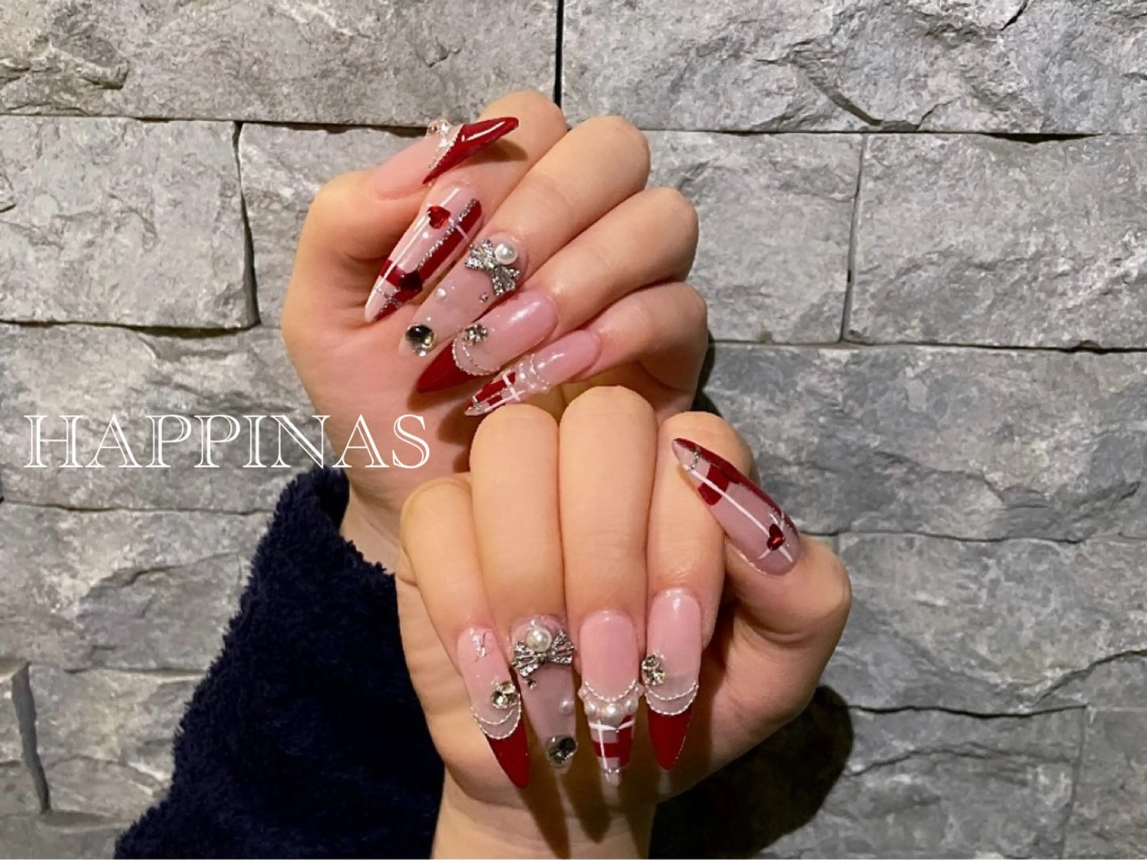 ネイル ボルドー フレンチネイル ガーリー リボン スカルプネイル HAPPINAS ENAのネイルデザイン
