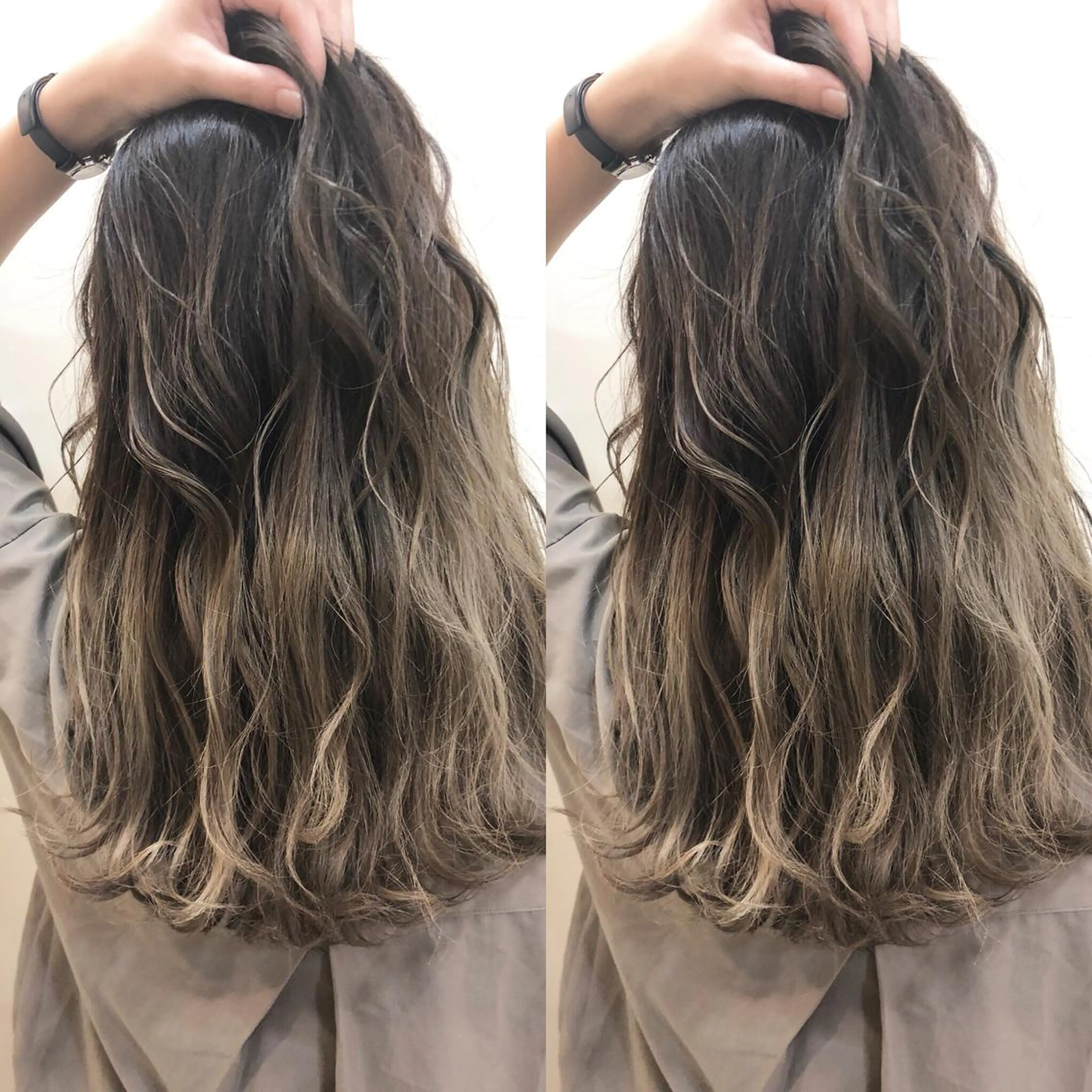 ロング カラー アッシュ バレイヤージュ ブリーチ グラデーションカラー グレージュ 三鷹で1番ショート ボブをカットする新谷のヘアスタイル