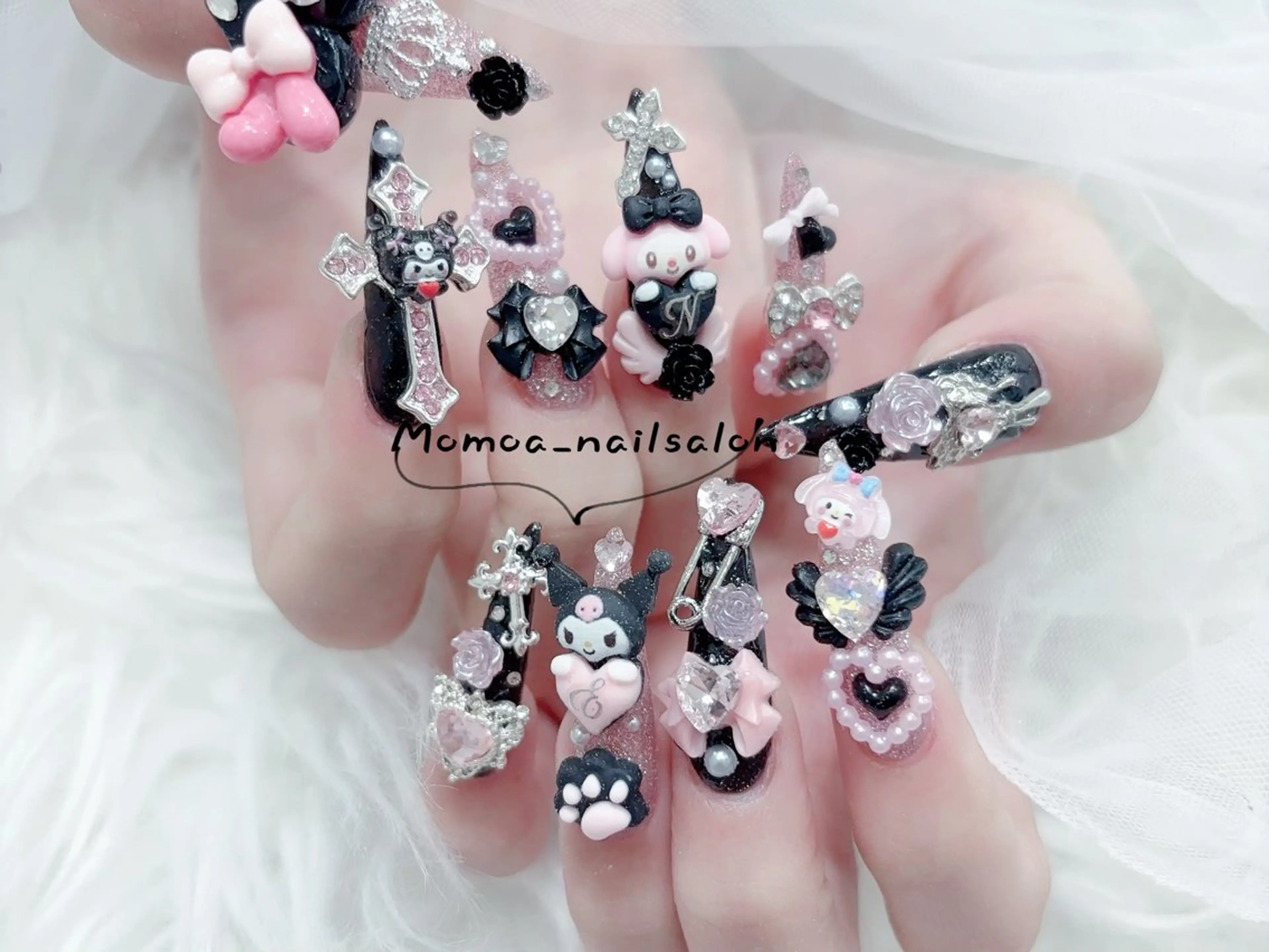 ネイル 成人式 大理石ネイル(マーブル) リボン 夏ネイル ネイルチップ ハンドネイル MoMoA Nail ネイル長さ出し専門店のネイルデザイン