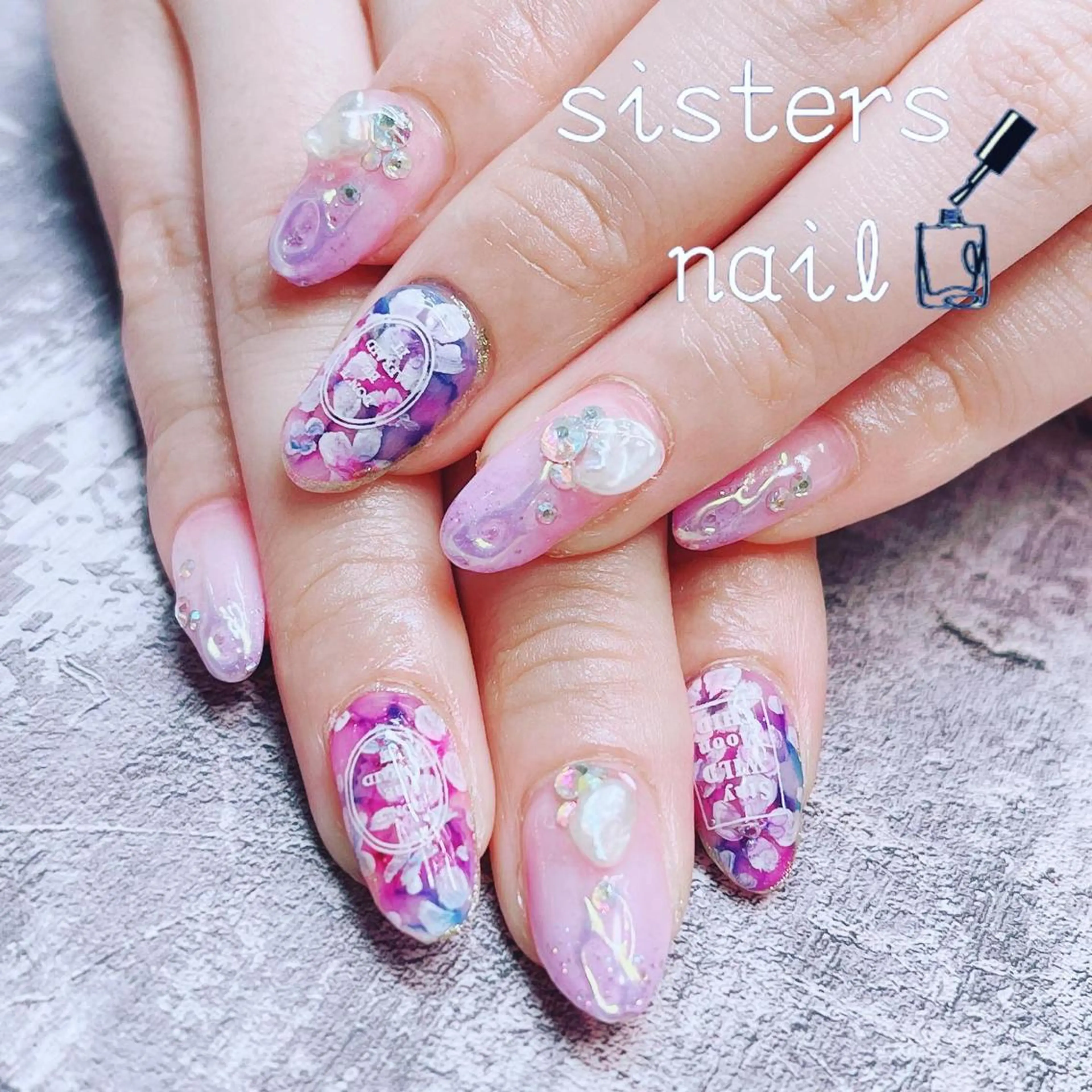 ネイル アートネイル フラワーネイル 大理石ネイル(マーブル) パステルネイル パープル ハンドネイル ハンドケア sisters nail.fのネイルデザイン