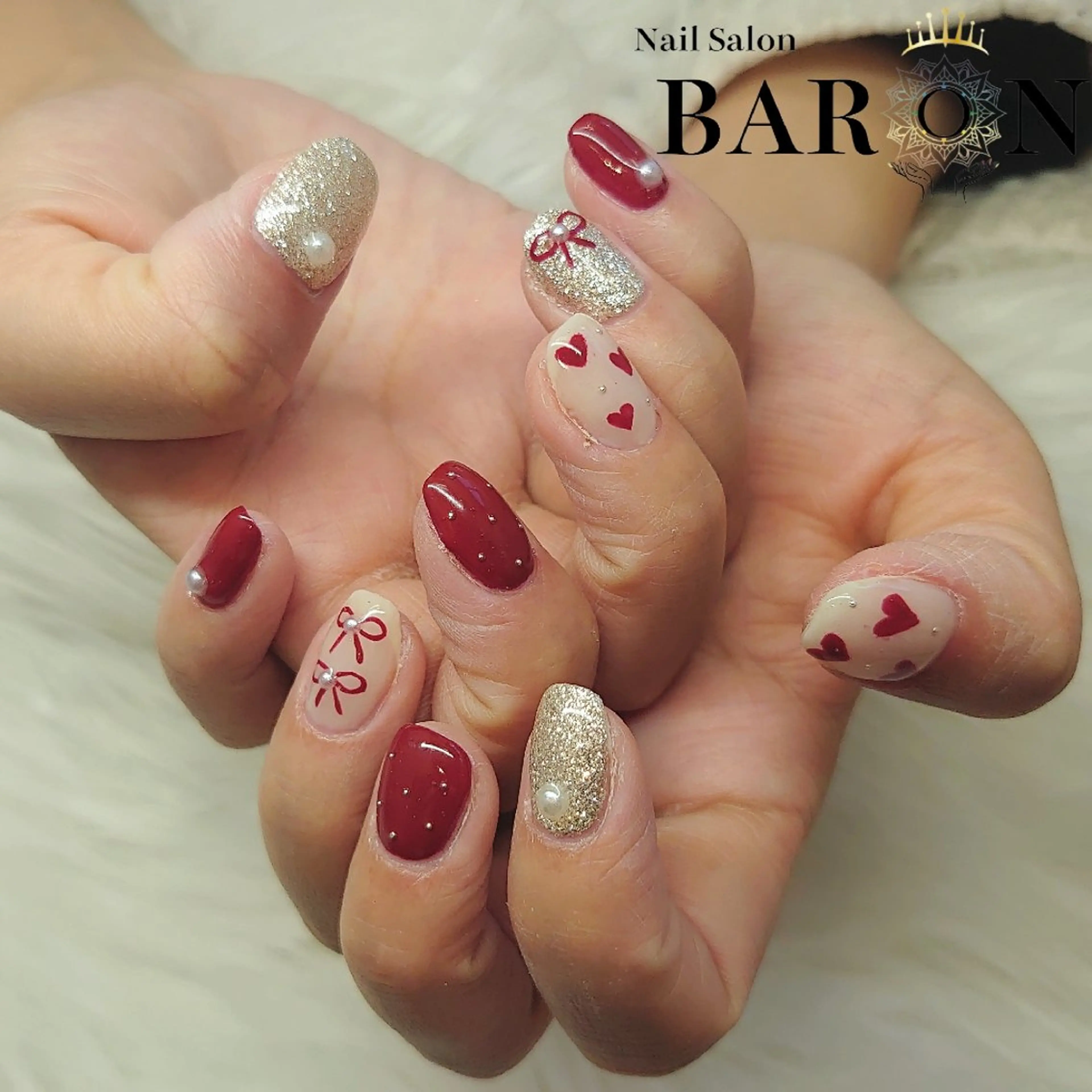 ネイル ハート 持ち込み リボン ♛BARON♛ AOIのネイルデザイン
