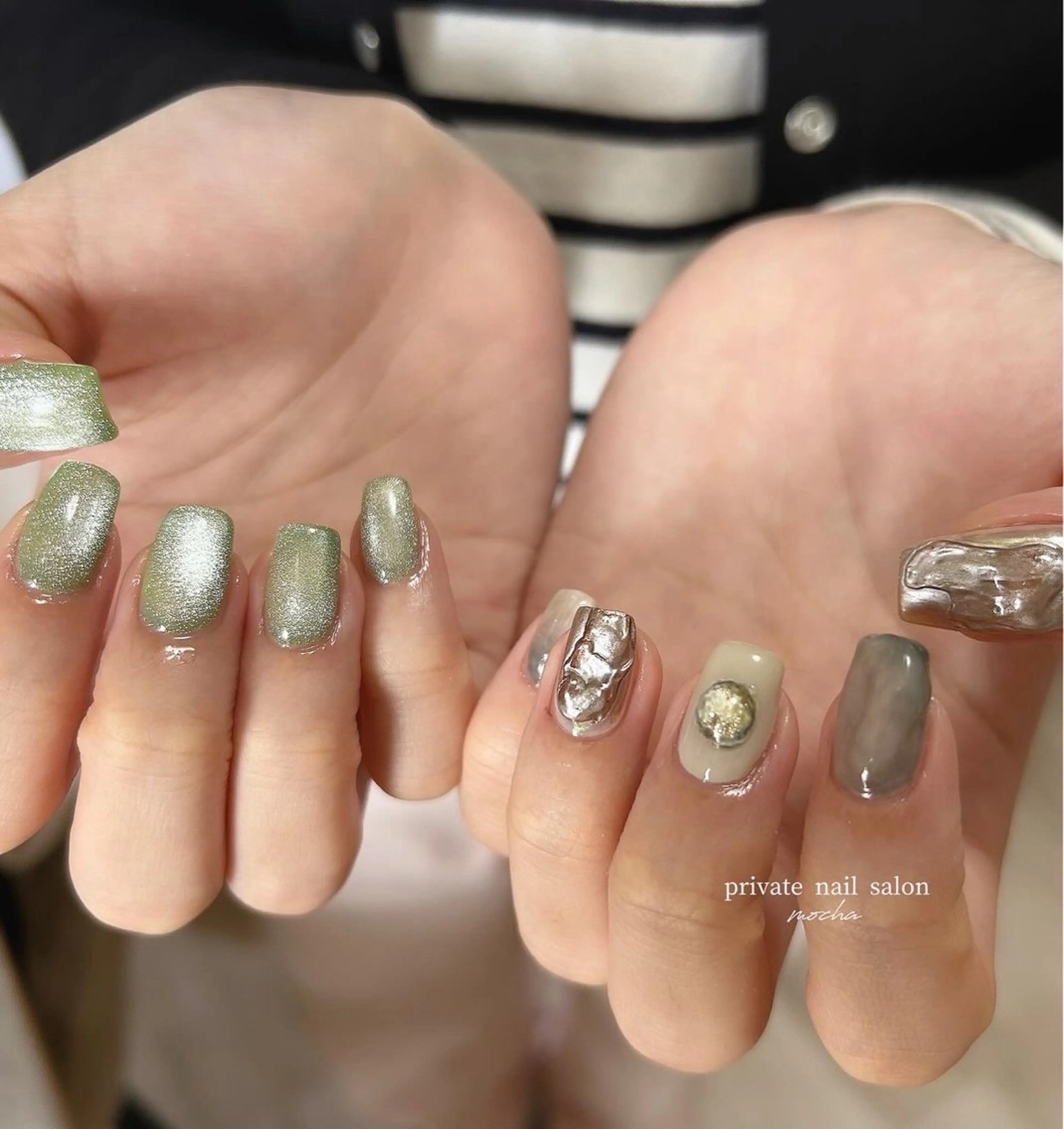 ネイル カジュアル フレンチネイル マグネットネイル ミラーネイル ニュアンスネイル ハンドネイル mocha nailのネイルデザイン