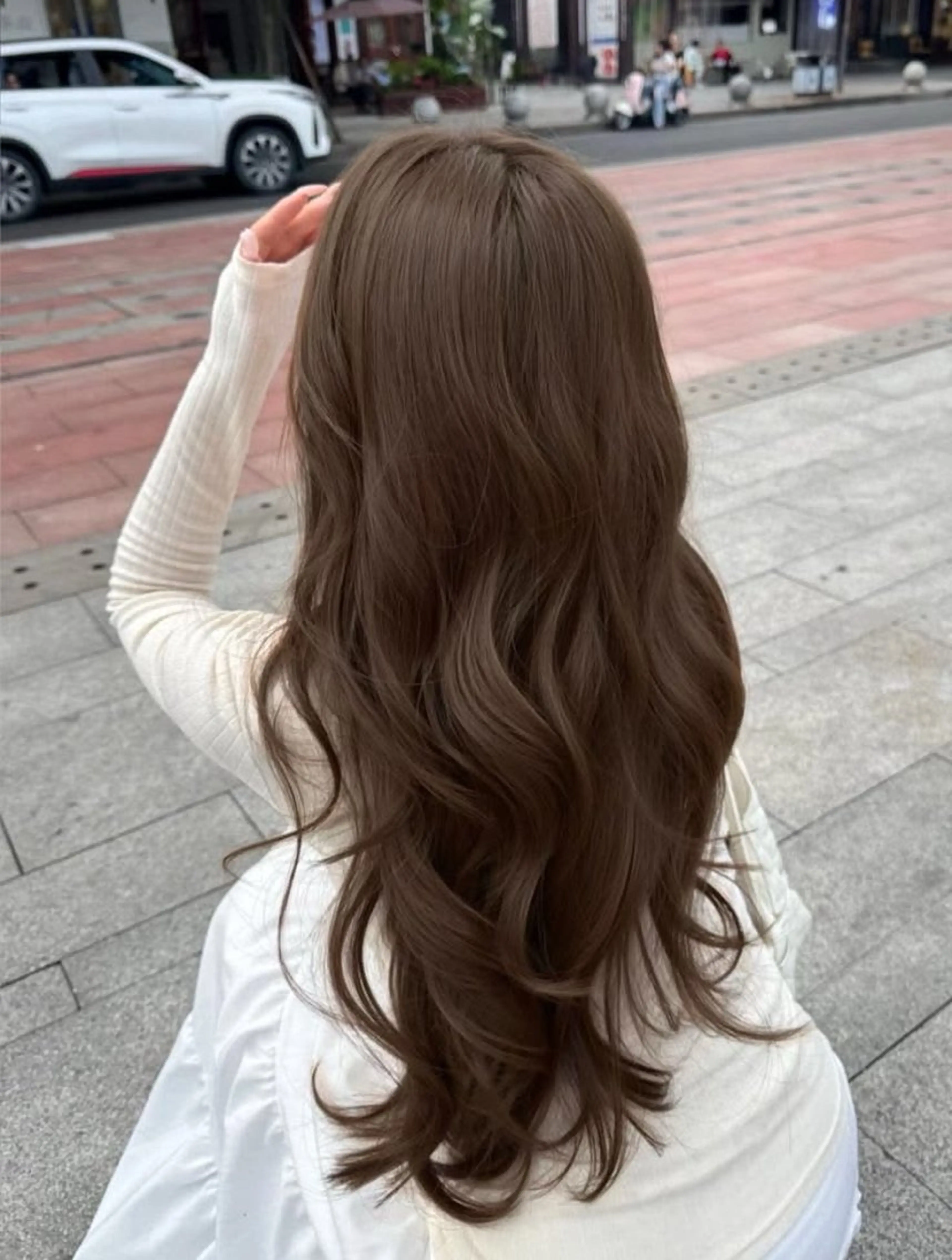 ロング カラー カット 縮毛矯正 透明感ベージュ/ レイヤー縮毛矯正のヘアスタイル