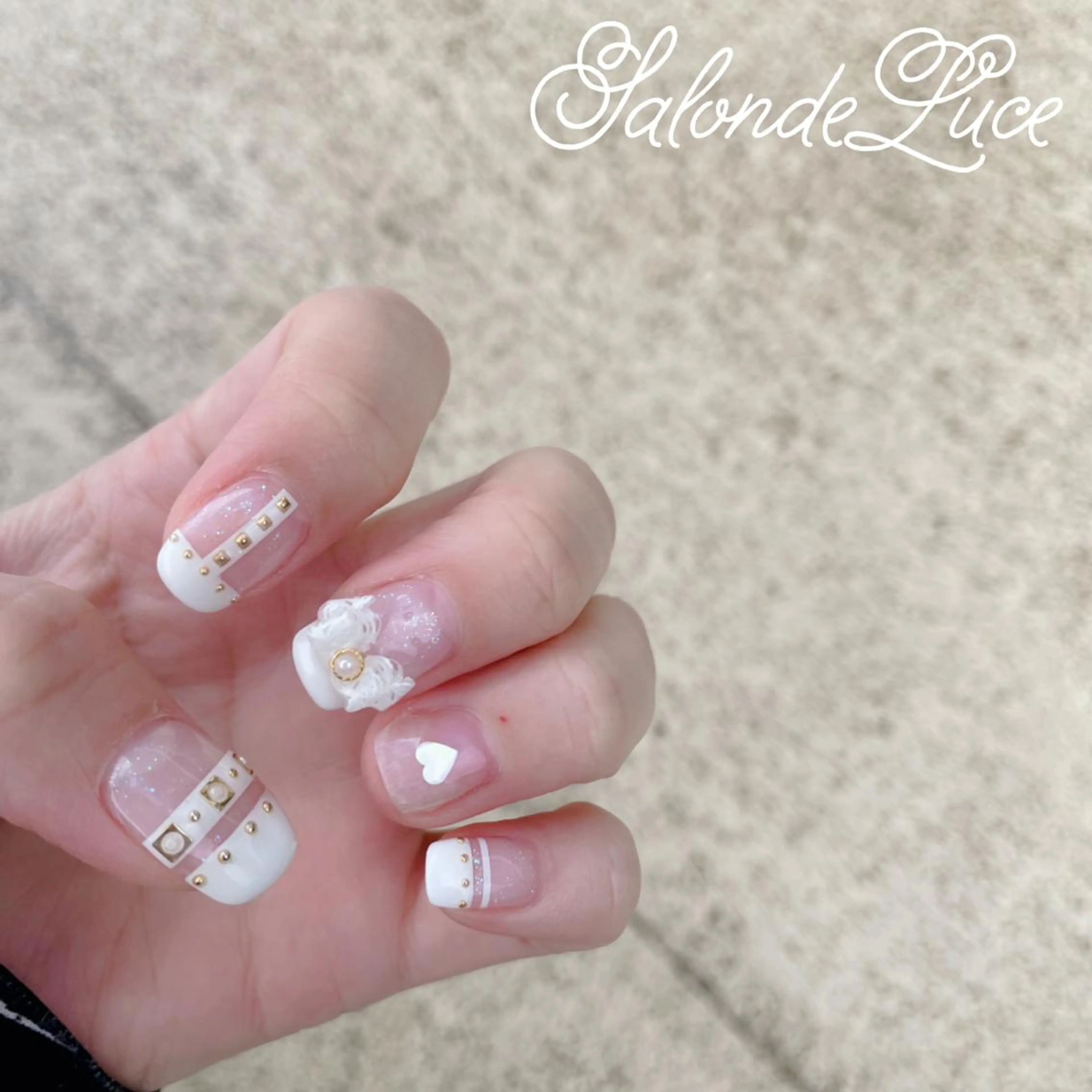 ネイル フレンチネイル ハート レース リボン ハンドネイル Salon de Luceのネイルデザイン