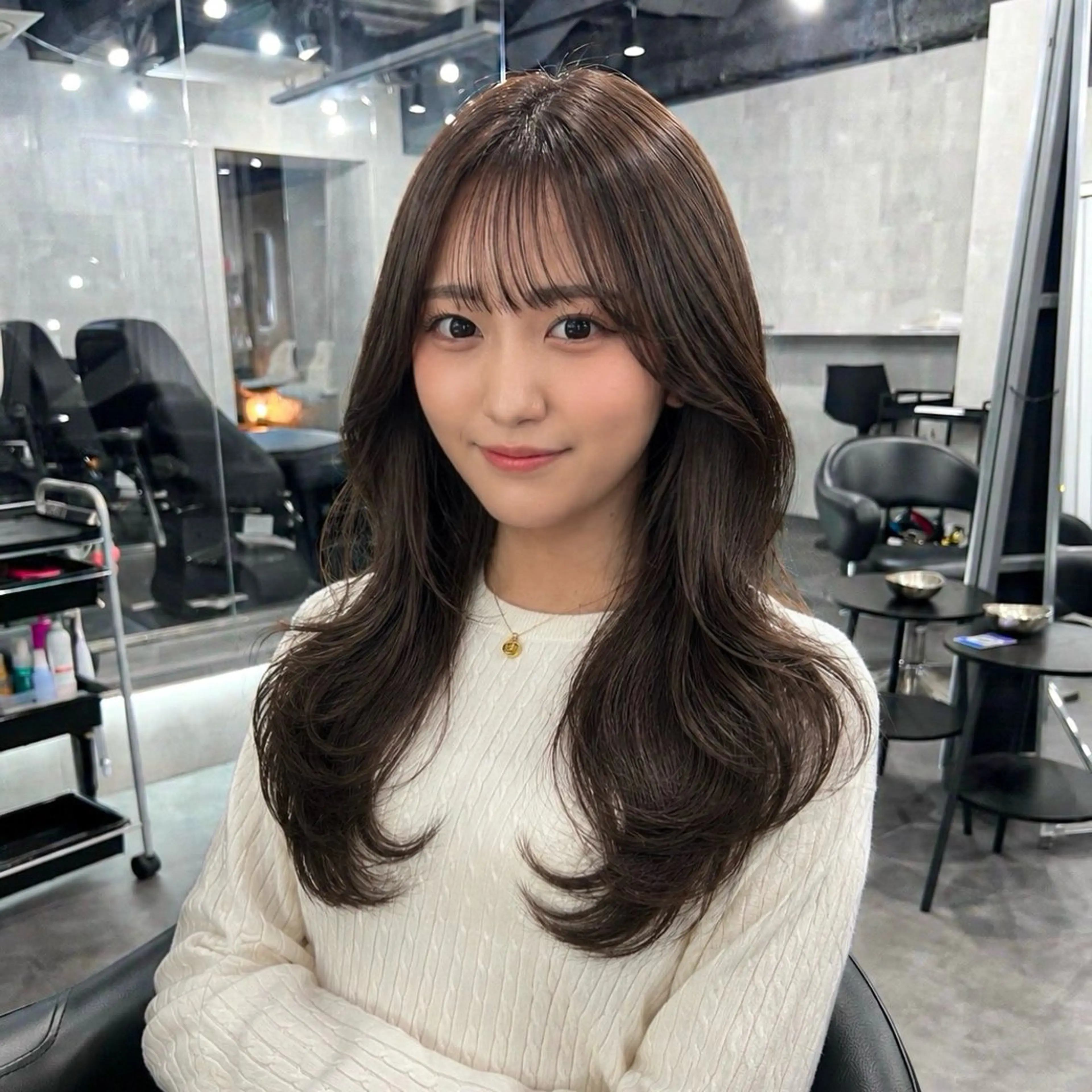 セミロング 韓国風ヘア レイヤーカット カット ヘアカラー レイヤー/韓国ボブ レイヤーボブ/住吉のヘアスタイル