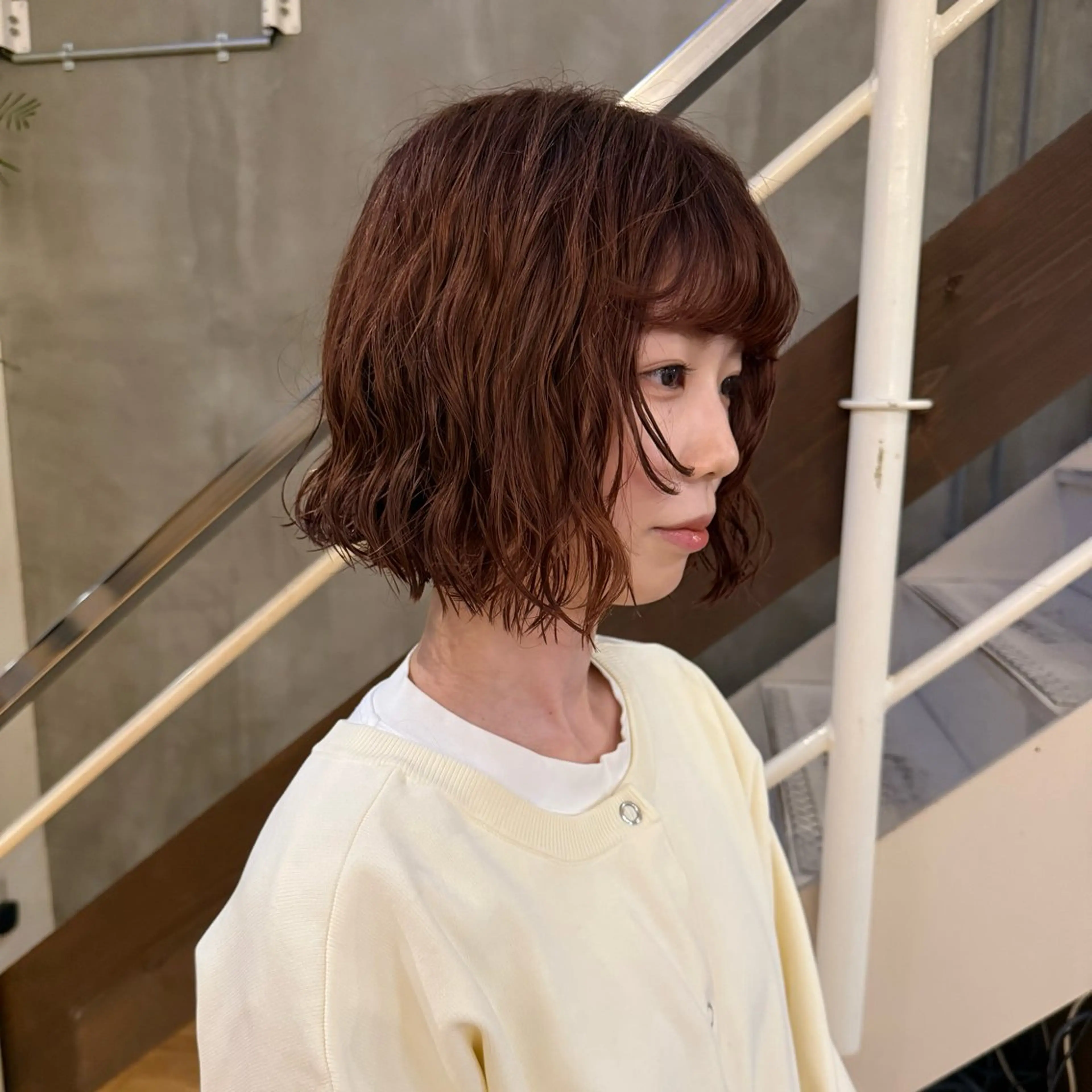 ミディアム パーマ ミディアムパーマ ボブ 顔まわりレイヤー レイヤーカット カット パーマ 松尾/パーマ/堀江 心斎橋/なんばのヘアスタイル