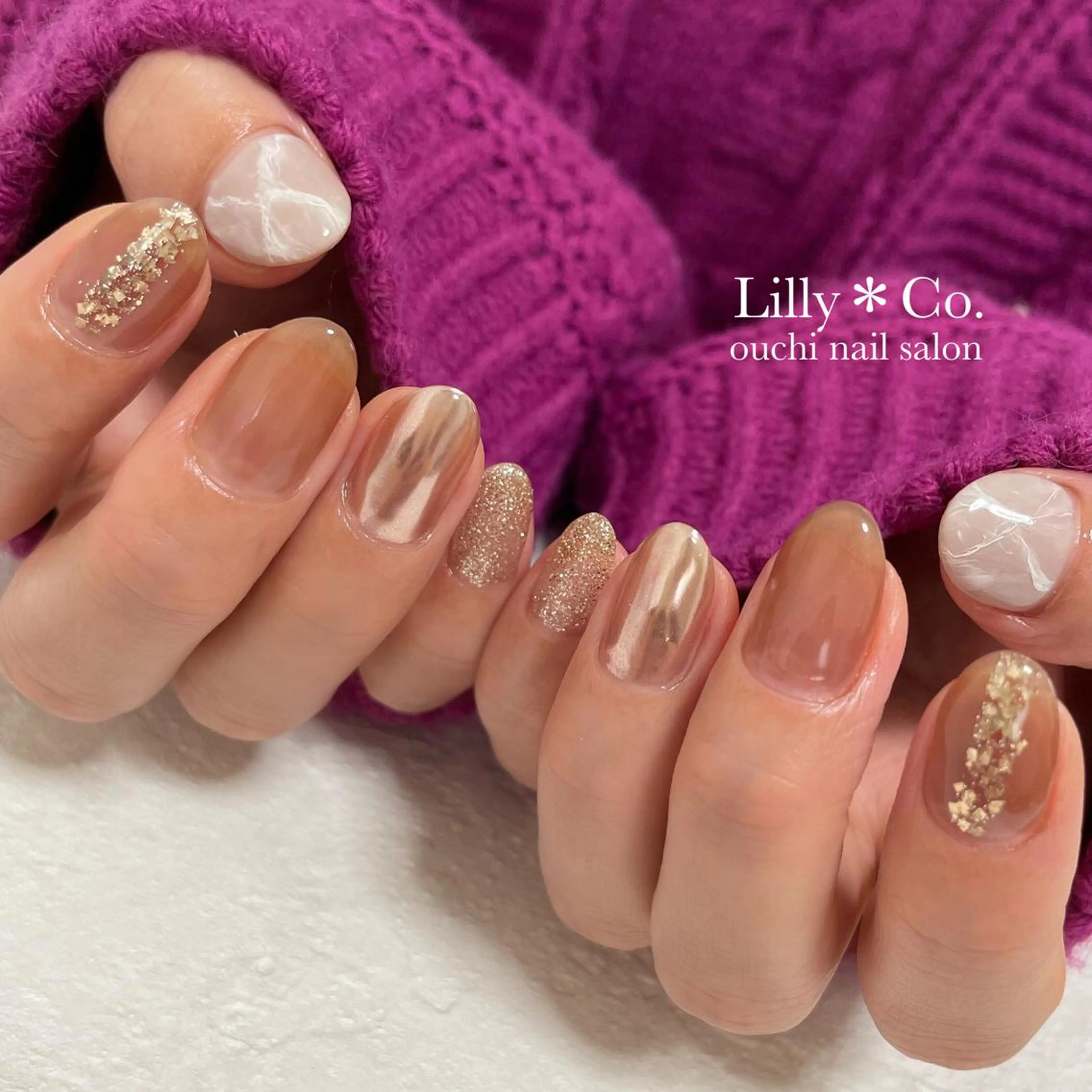 ネイル ブラウン 大理石ネイル(マーブル) ハンドネイル ハンドケア Lilly Co.のネイルデザイン