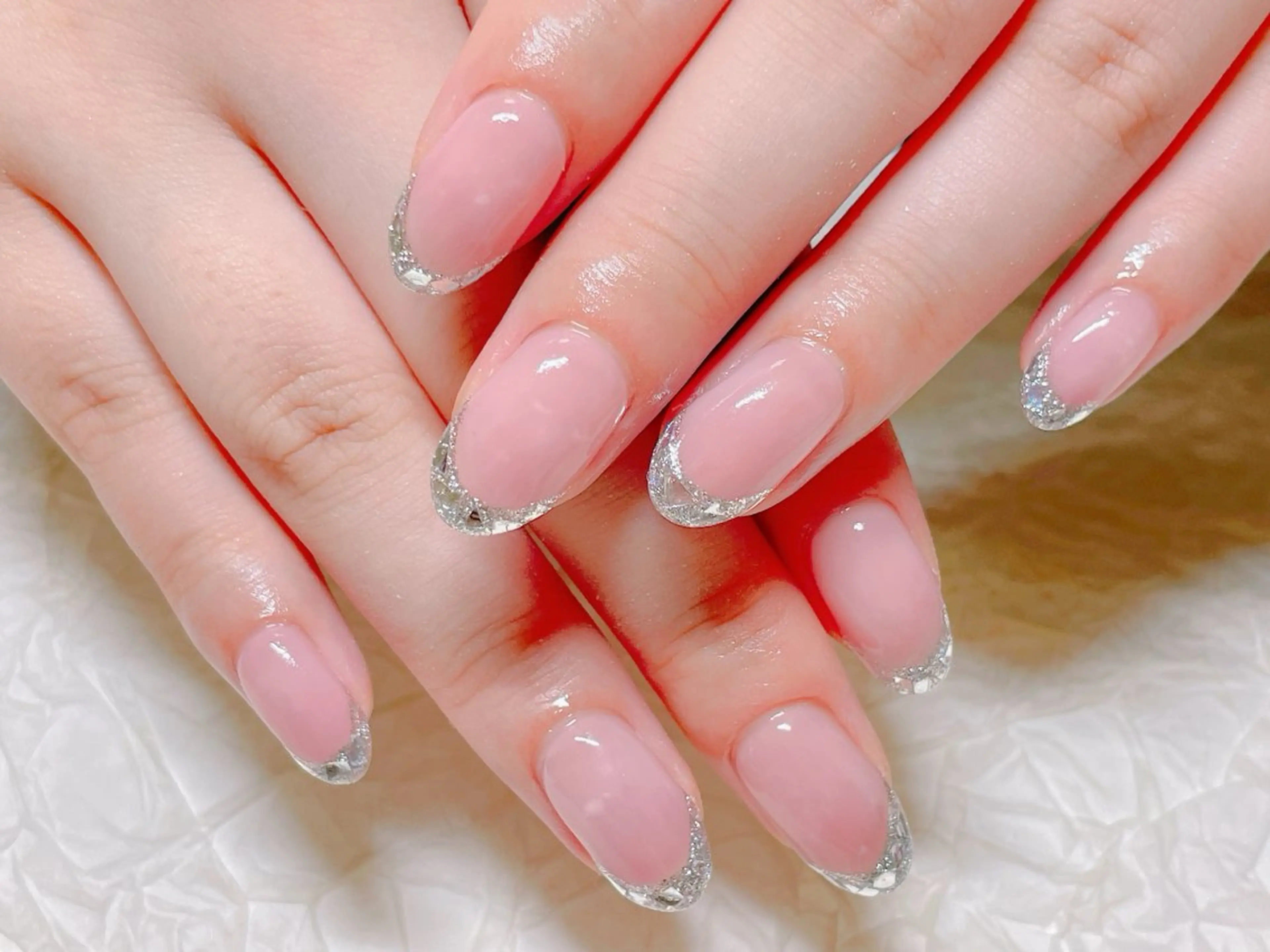 ネイル フレンチネイル ガラスフレンチ キラキラネイル シルバー ハンドネイル ハンドケア ゆ か_Nails💫のネイルデザイン