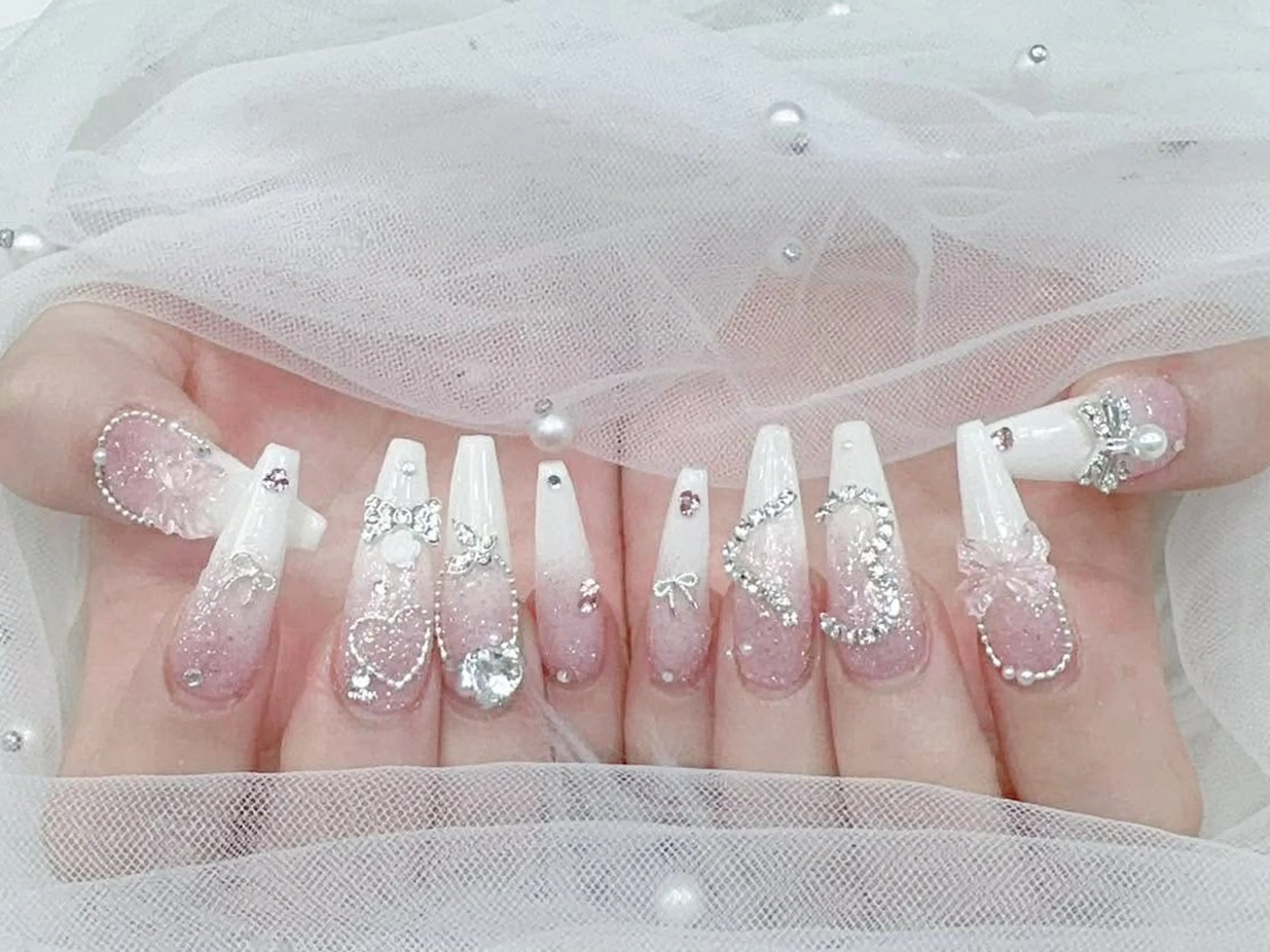 ネイル 成人式 大理石ネイル(マーブル) リボン 夏ネイル ネイルチップ ハンドネイル MoMoA Nail ネイル長さ出し専門店のネイルデザイン