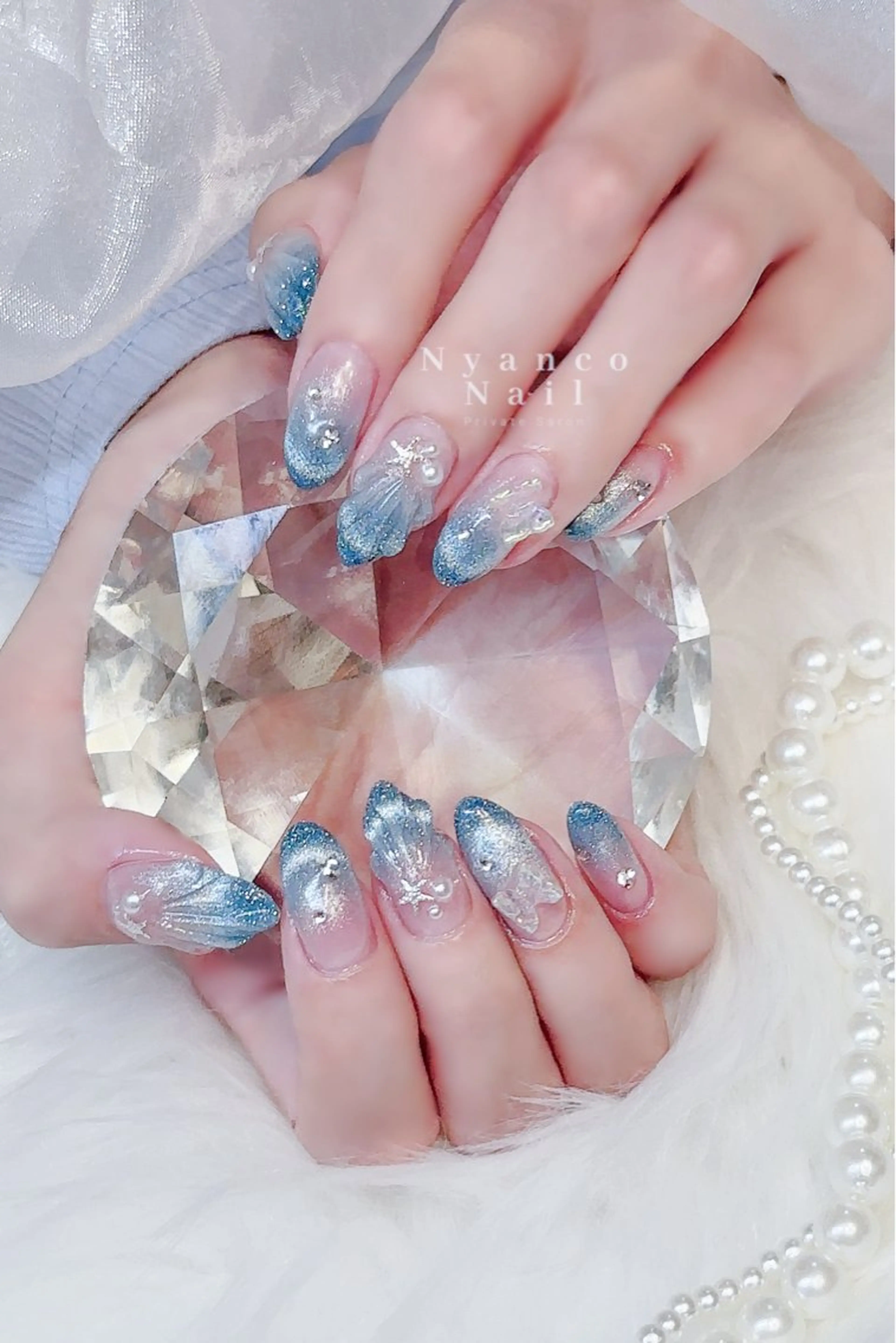 ネイル ブルー ジェルネイル 氷ネイル・うるうるネイル キラキラネイル ロングネイル Nyanco Nailのネイルデザイン