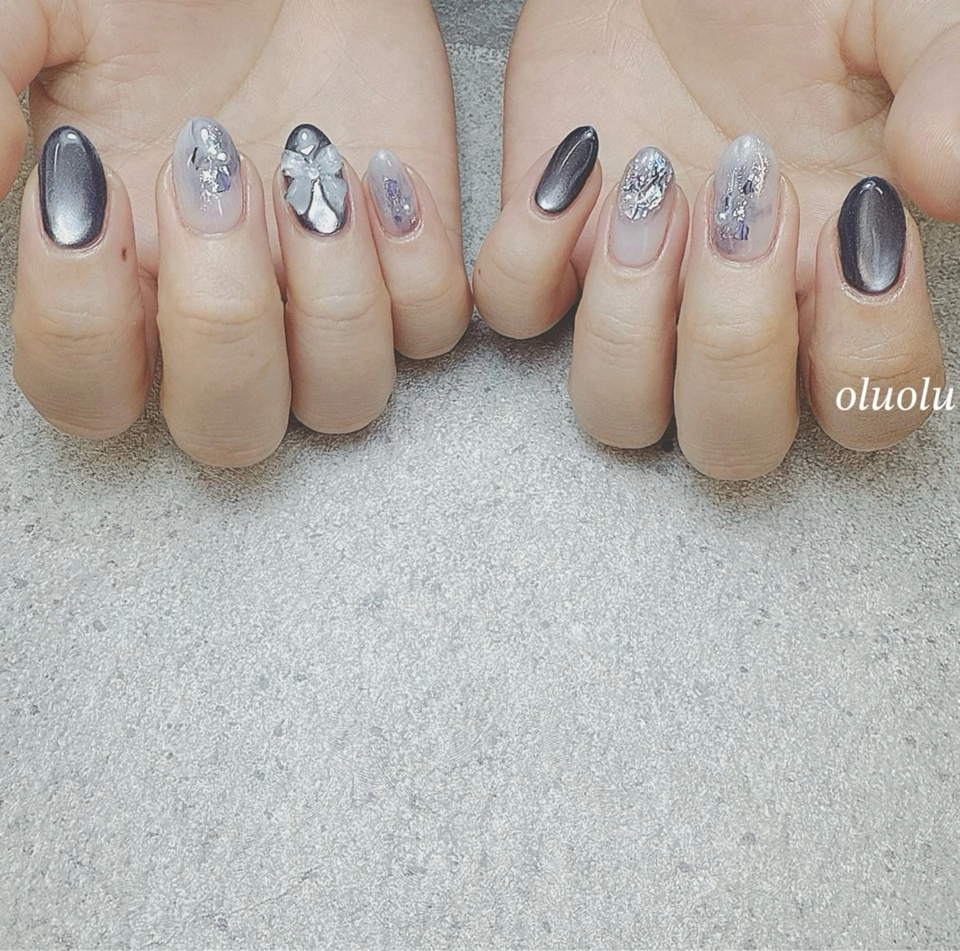 ネイル ニュアンスネイル ぷっくりネイル リボン ハンドネイル 大村 紬華のネイルデザイン