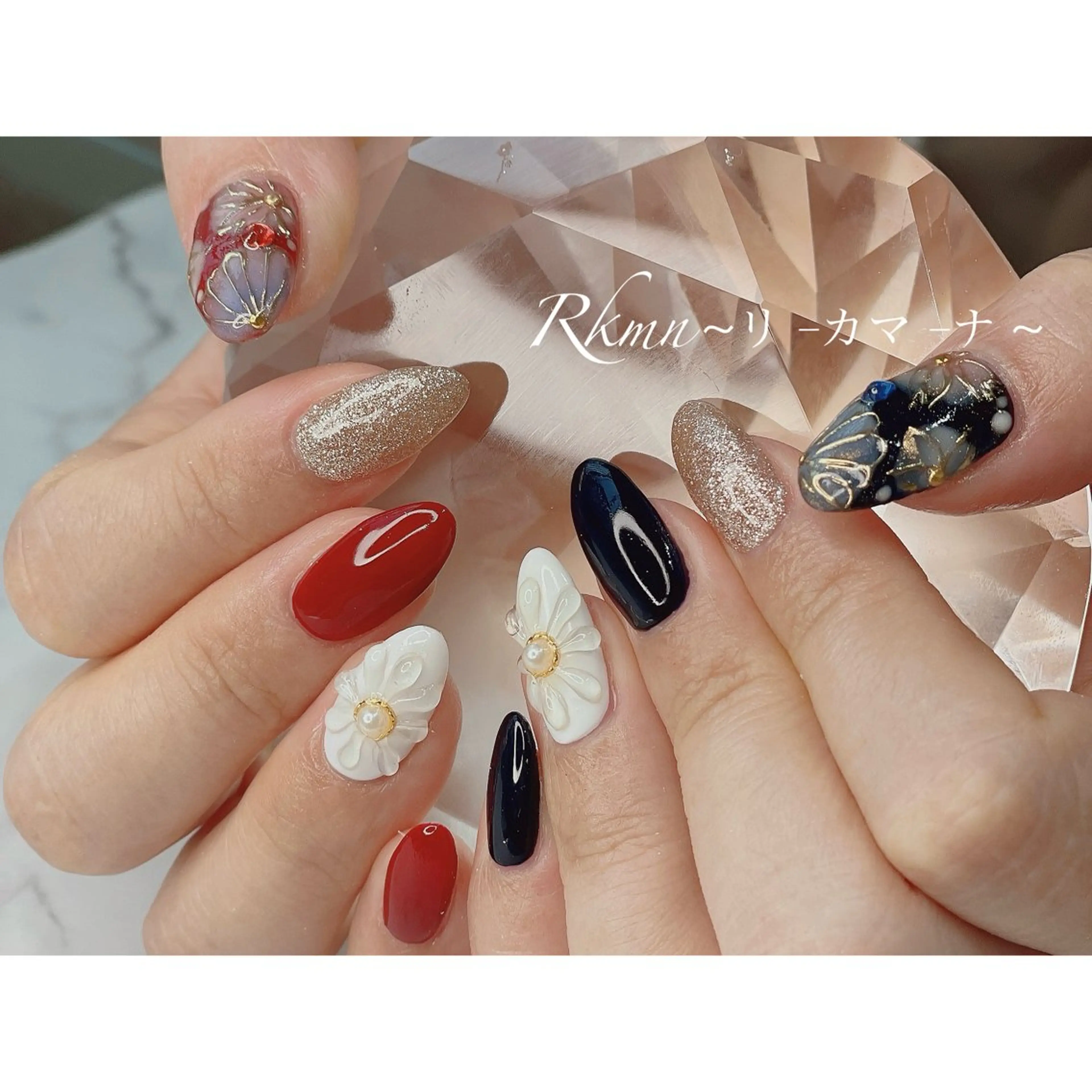 ネイル アートネイル ボルドー フラワーネイル ミラーネイル ネイビー ハンドネイル フットネイル ハンドケア Rkmn ~リ-カマ-ナ~のネイルデザイン