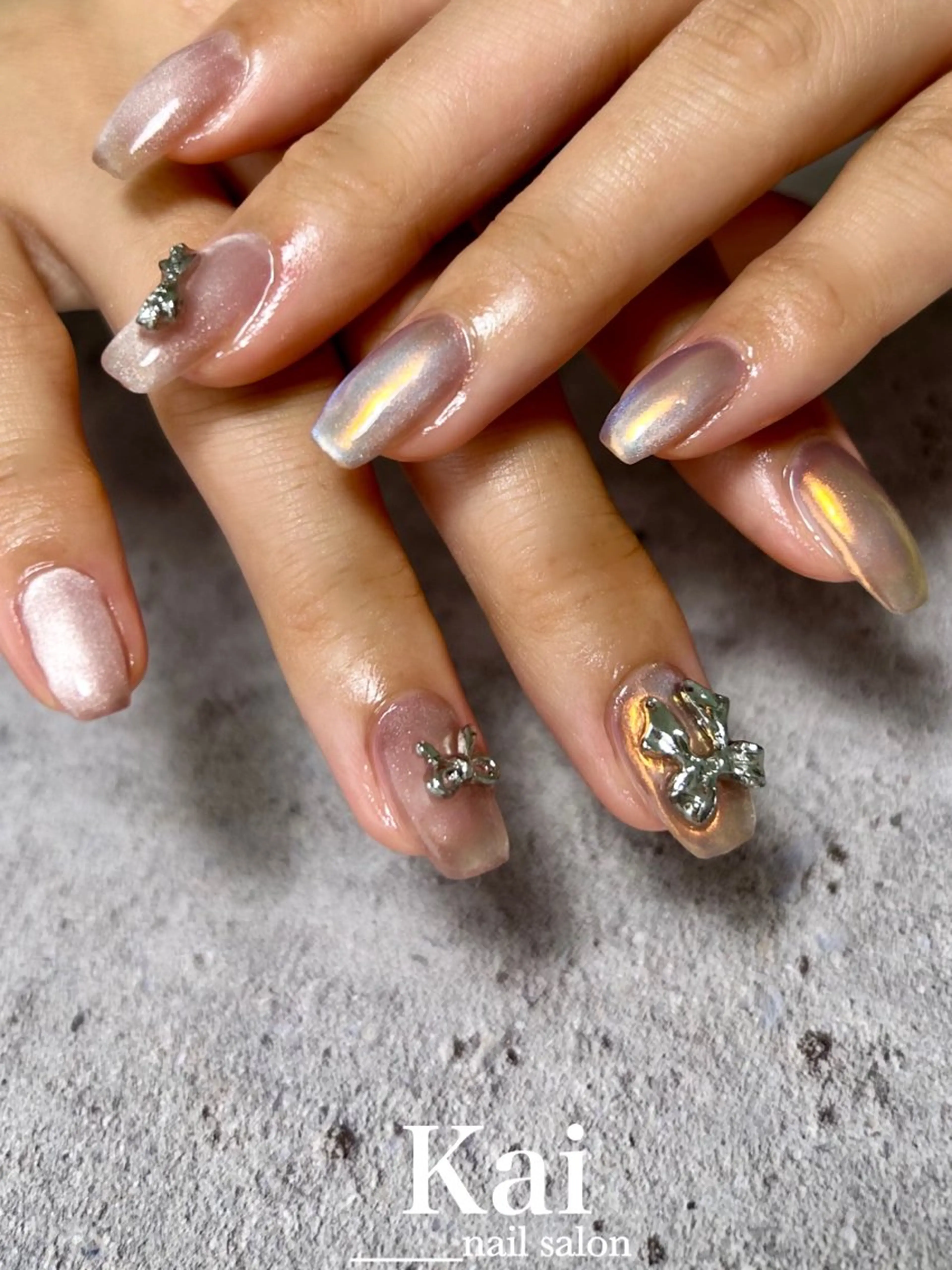 ネイル オーロラネイル 韓国ネイル マグネットネイル ミラーネイル オレンジ ハンドネイル Kai  nail Mayukoのネイルデザイン