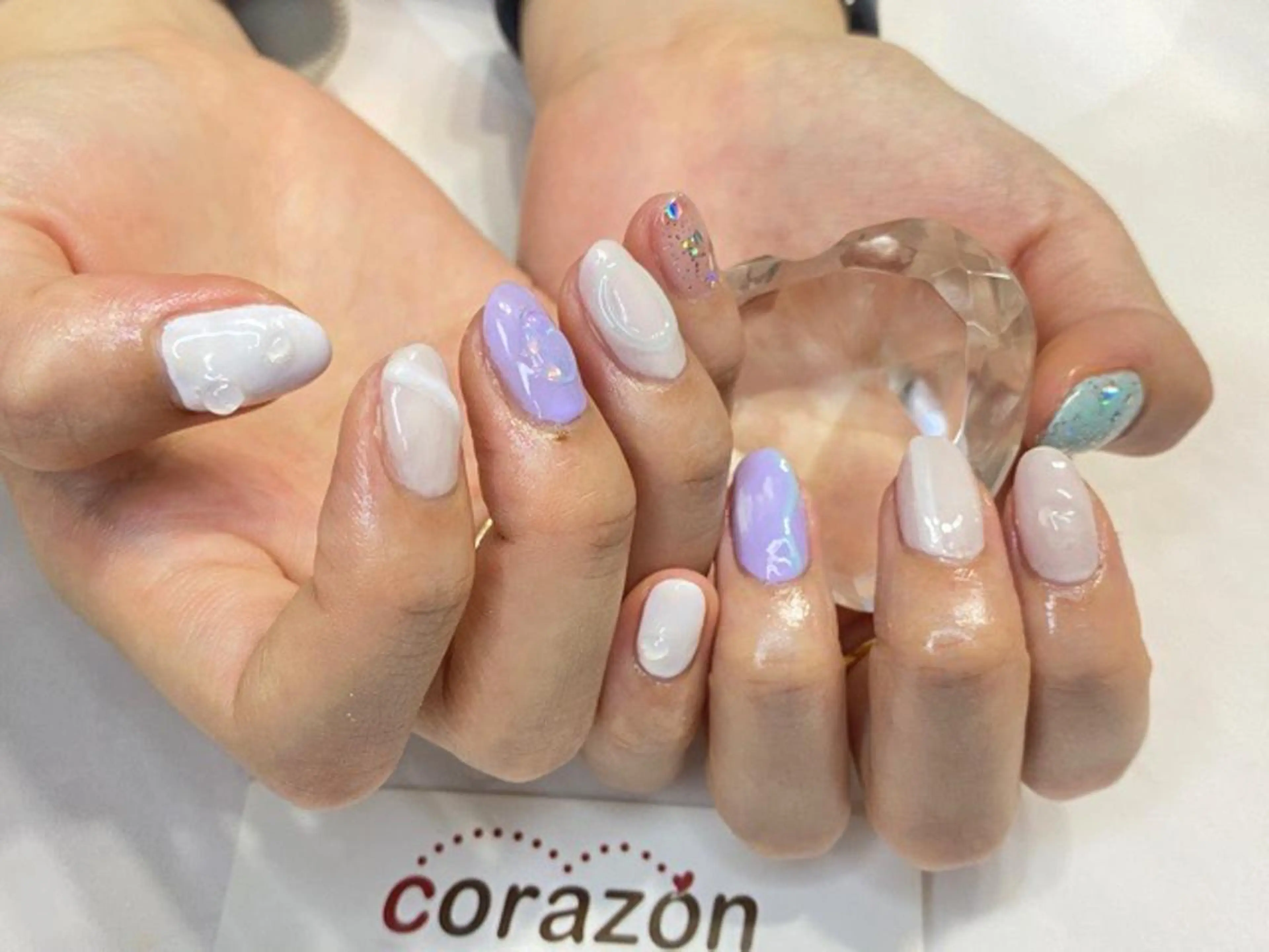 ネイル クリアネイル ラメ(グリッター) ぷっくりネイル パープル ホワイト ネイリスト aicoのネイルデザイン