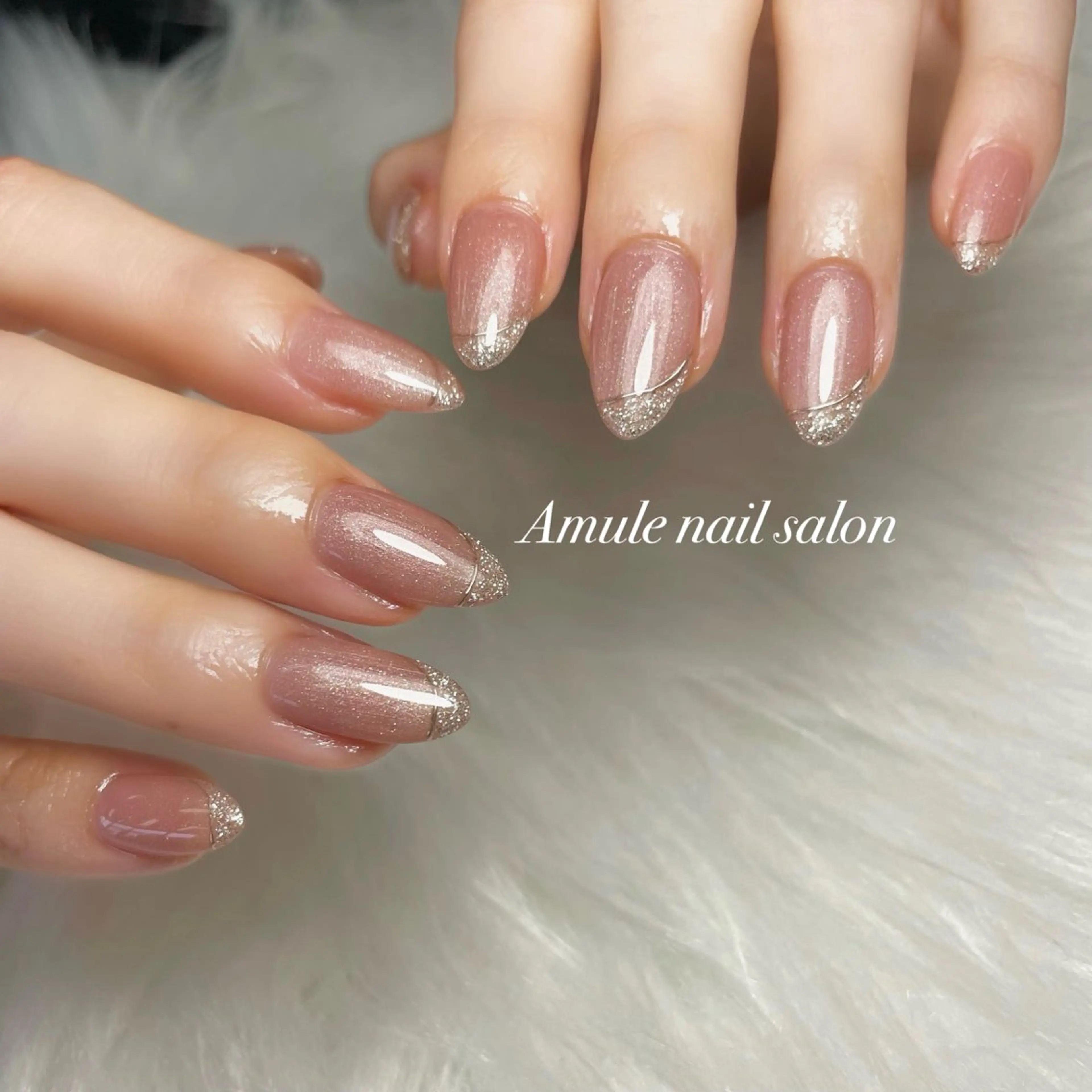 ネイル フレンチネイル ゴールド ラメ(グリッター) ミラーネイル ハンドネイル Amule nailsalonのネイルデザイン