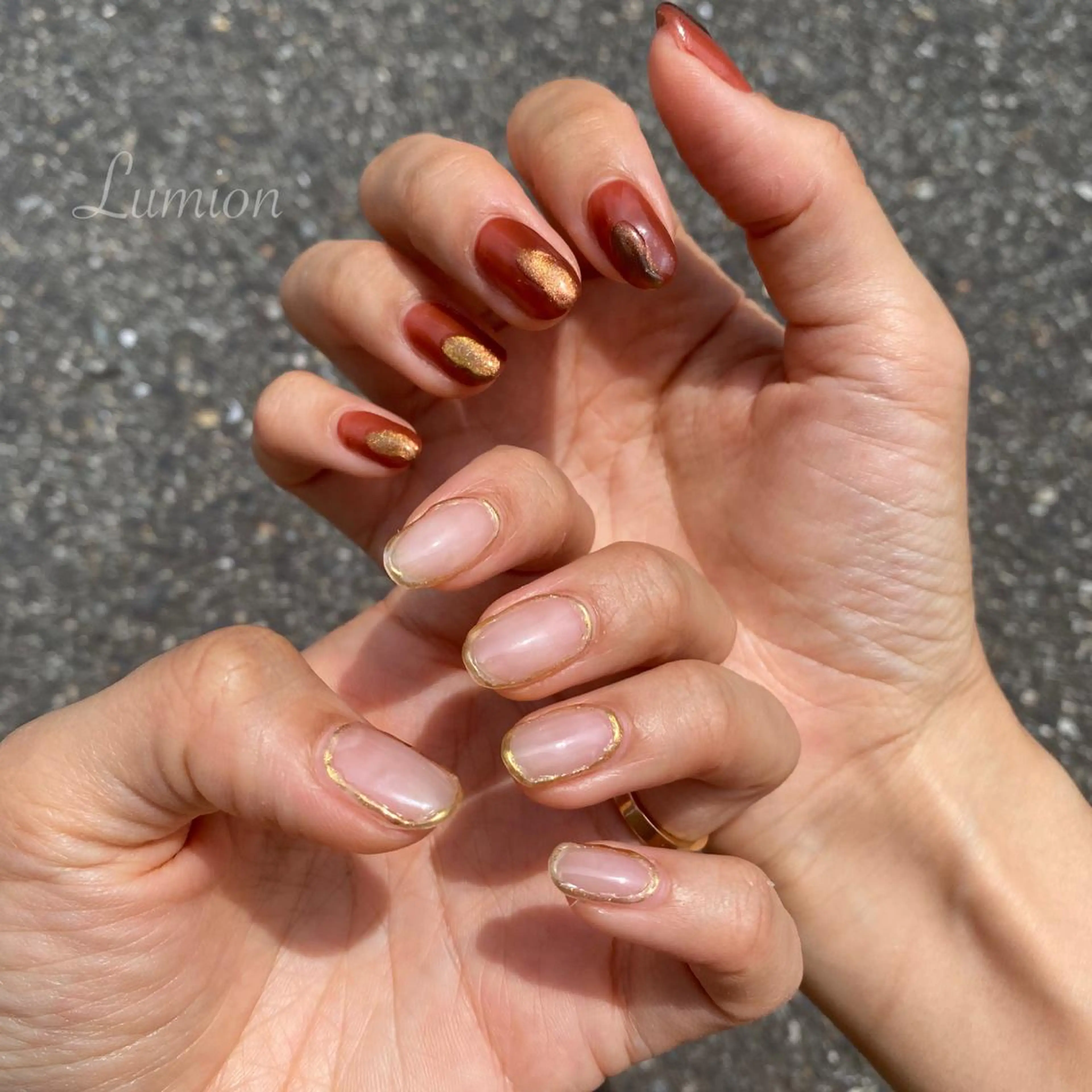 ネイル ブラウン ミラーネイル オレンジ ハンドネイル nailroom Lumionのネイルデザイン