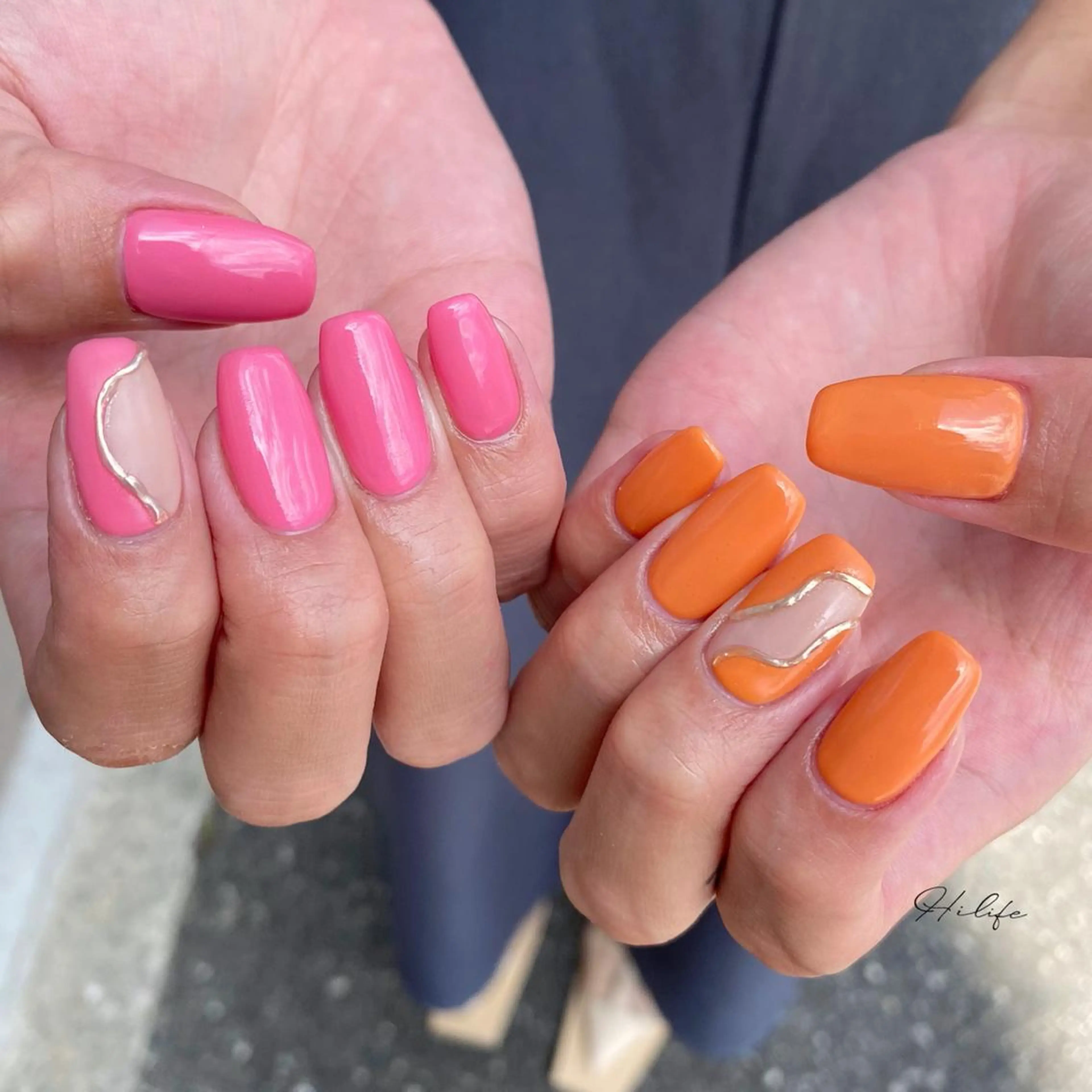 ネイル アートネイル ニュアンスネイル オレンジ ピンク ネイルチップ ハンドネイル Nail Adore.のネイルデザイン