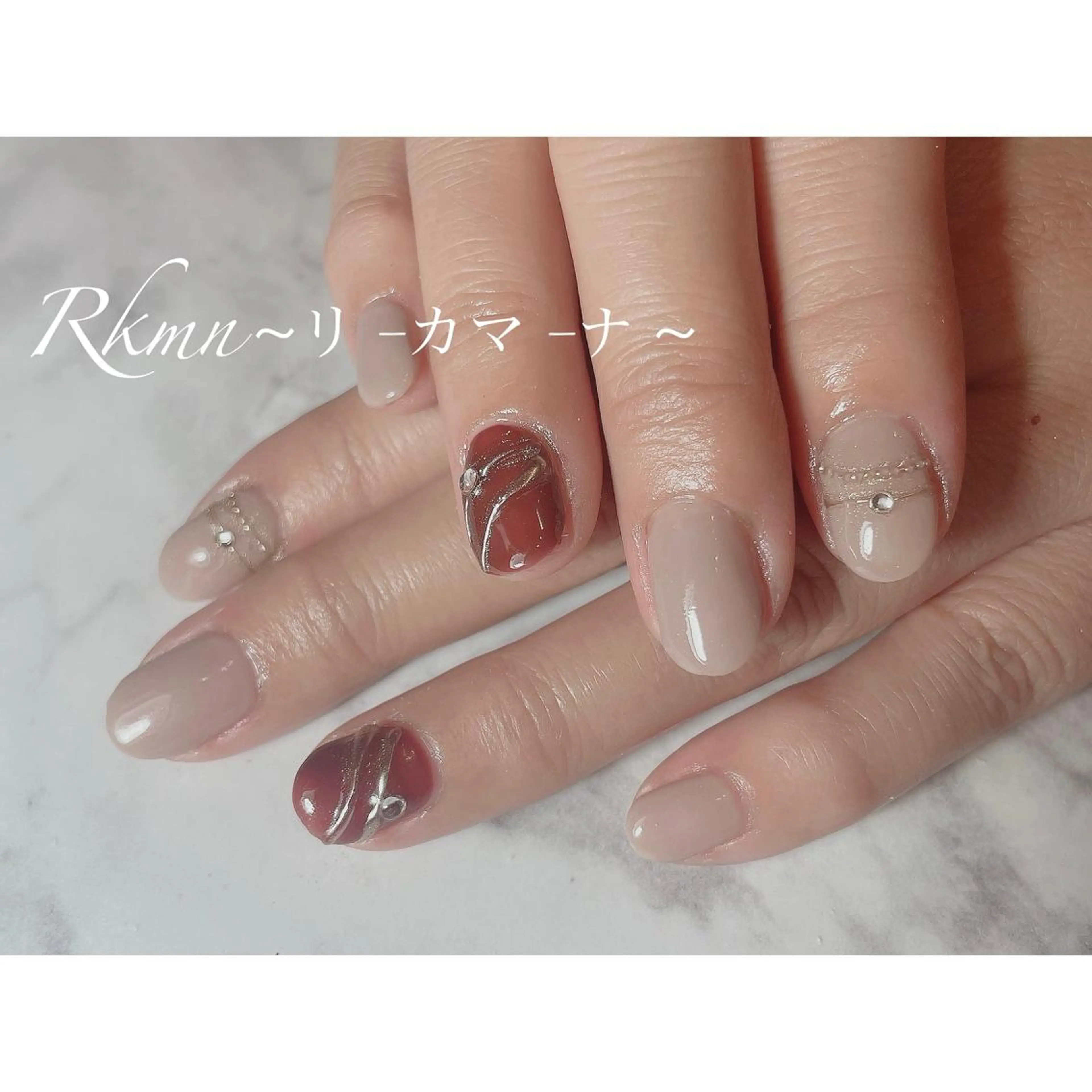 ネイル アートネイル ボルドー ミラーネイル 春ネイル ハンドネイル フットネイル ハンドケア Rkmn ~リ-カマ-ナ~のネイルデザイン