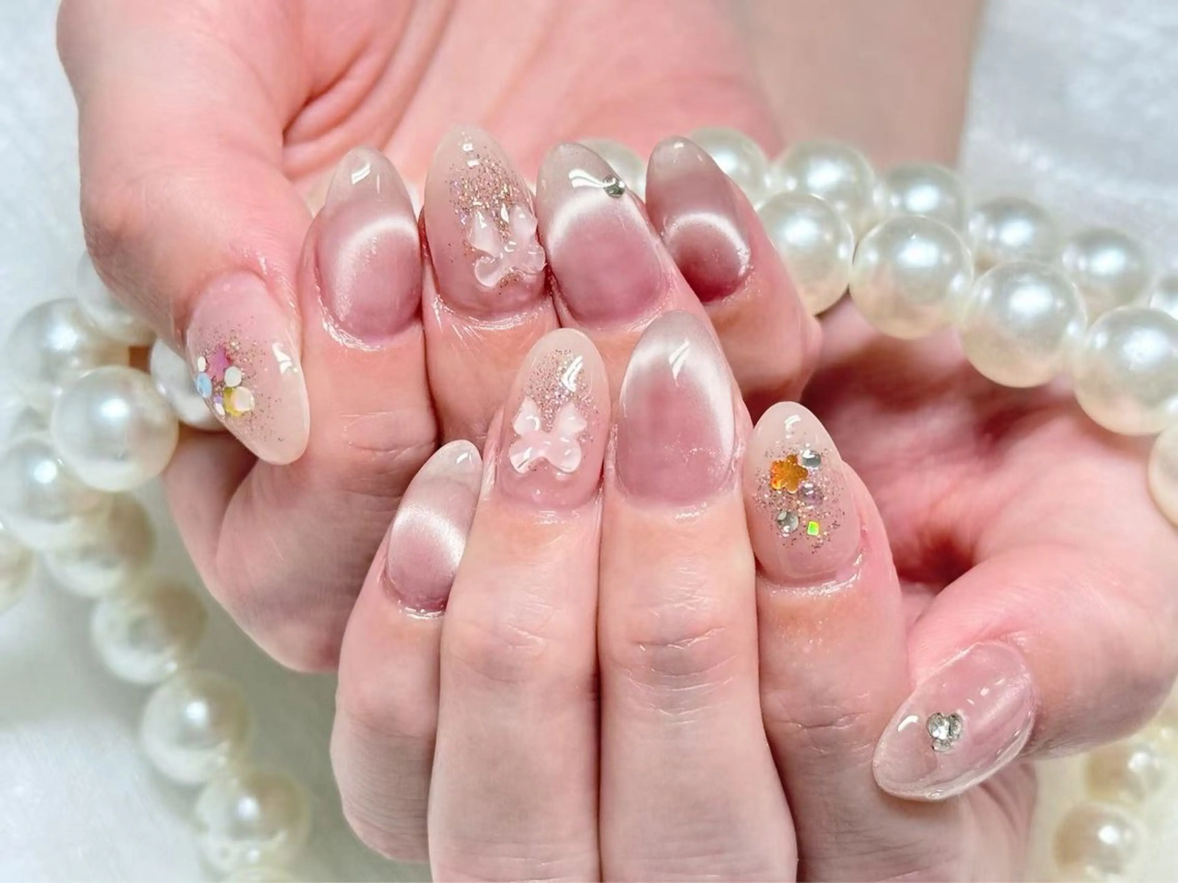 ネイル アートネイル クリアネイル 成人式 長さ出し フラッシュネイル かすみ ✨のネイルデザイン