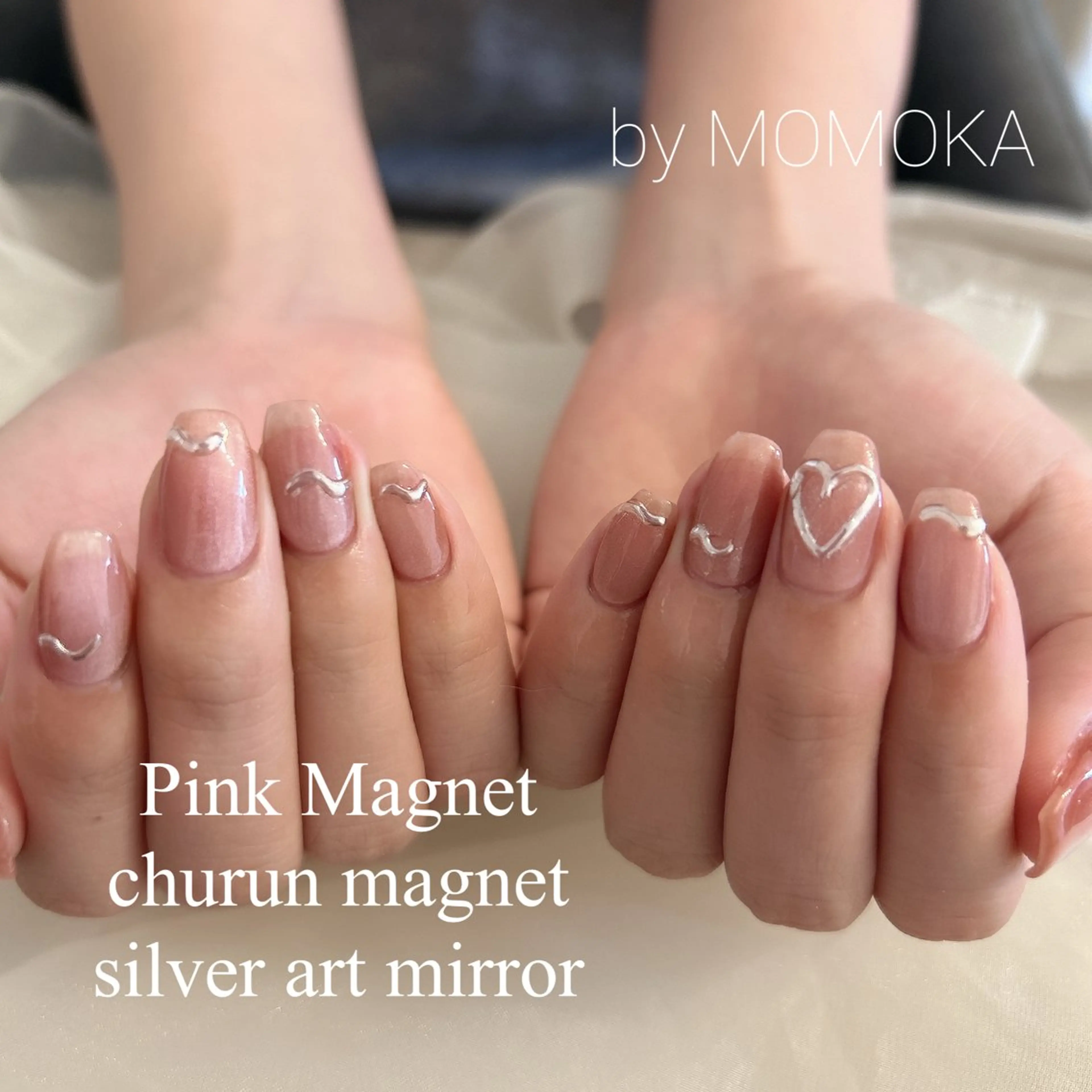 ネイル ハート マグネットネイル ミラーネイル ピンク ハンドネイル Momo nailsalonのネイルデザイン