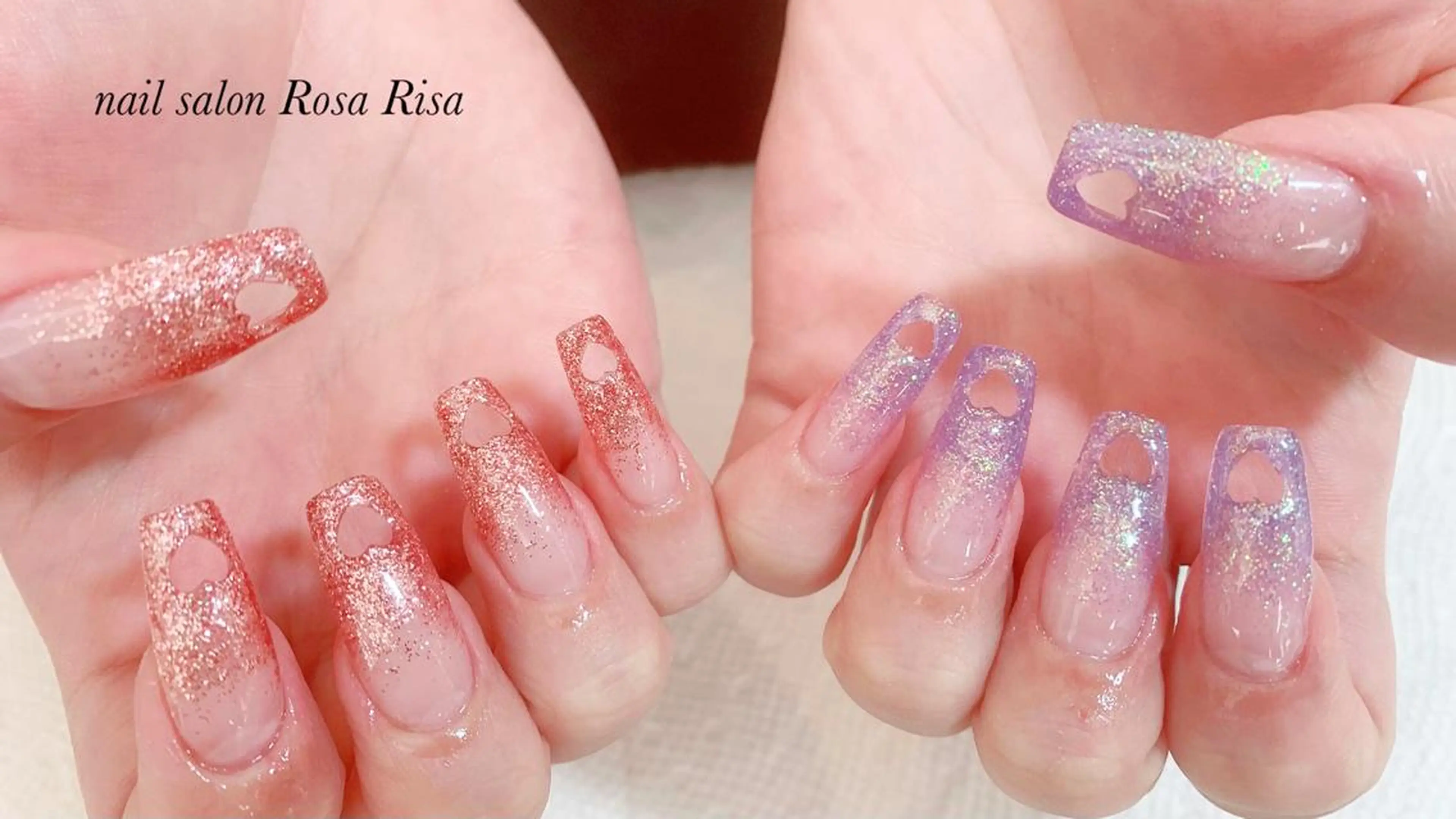 ロング ネイル ハート ラメ(グリッター) ラメグラデーション ネイルスタジオ シェイクユアハンズのネイルデザイン