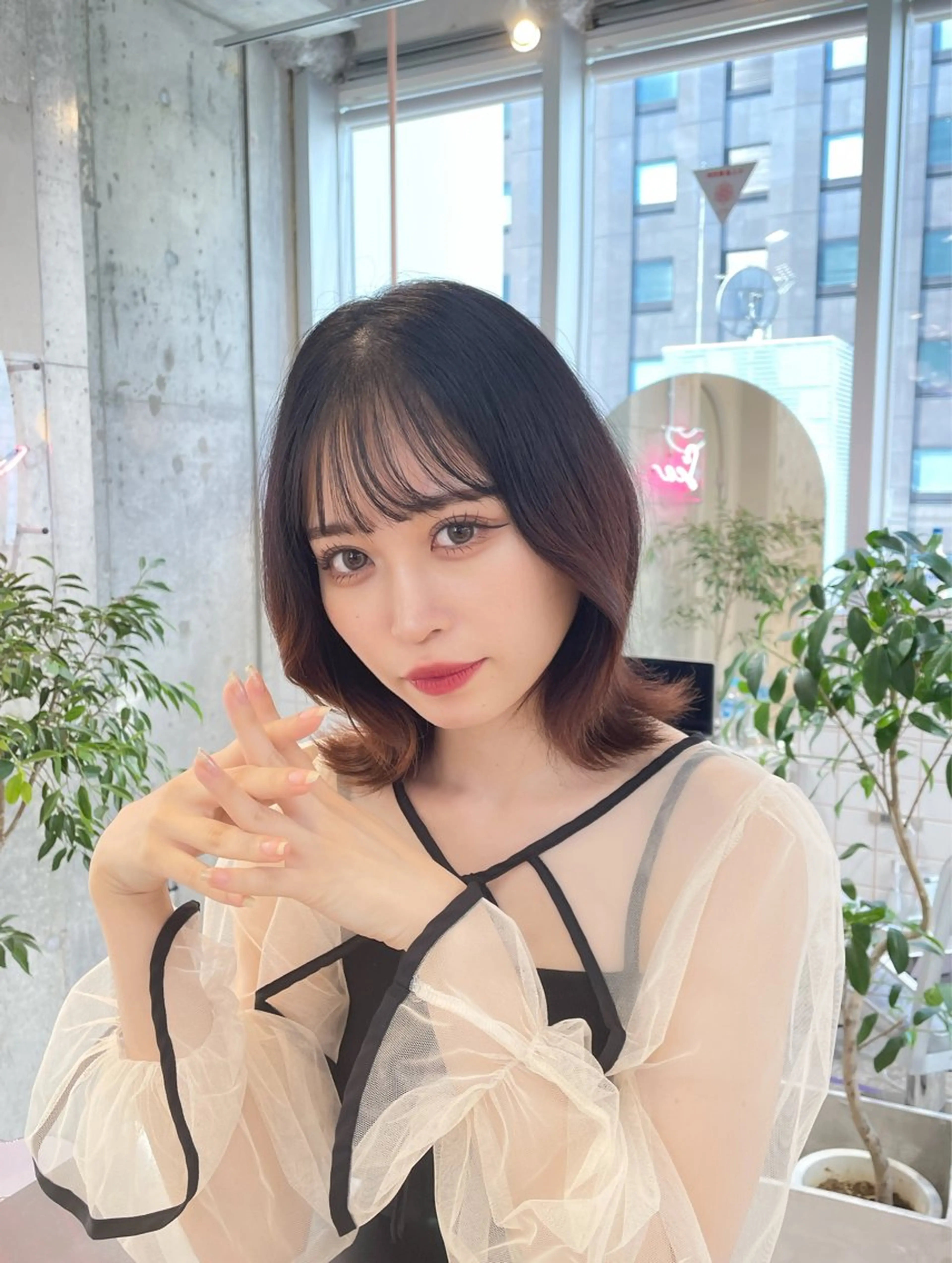 ミディアム ミストバング ボブ くびれヘア ハイライト 髪質改善 ハッシュカット/ 艶カラー/RIN🩶のヘアスタイル