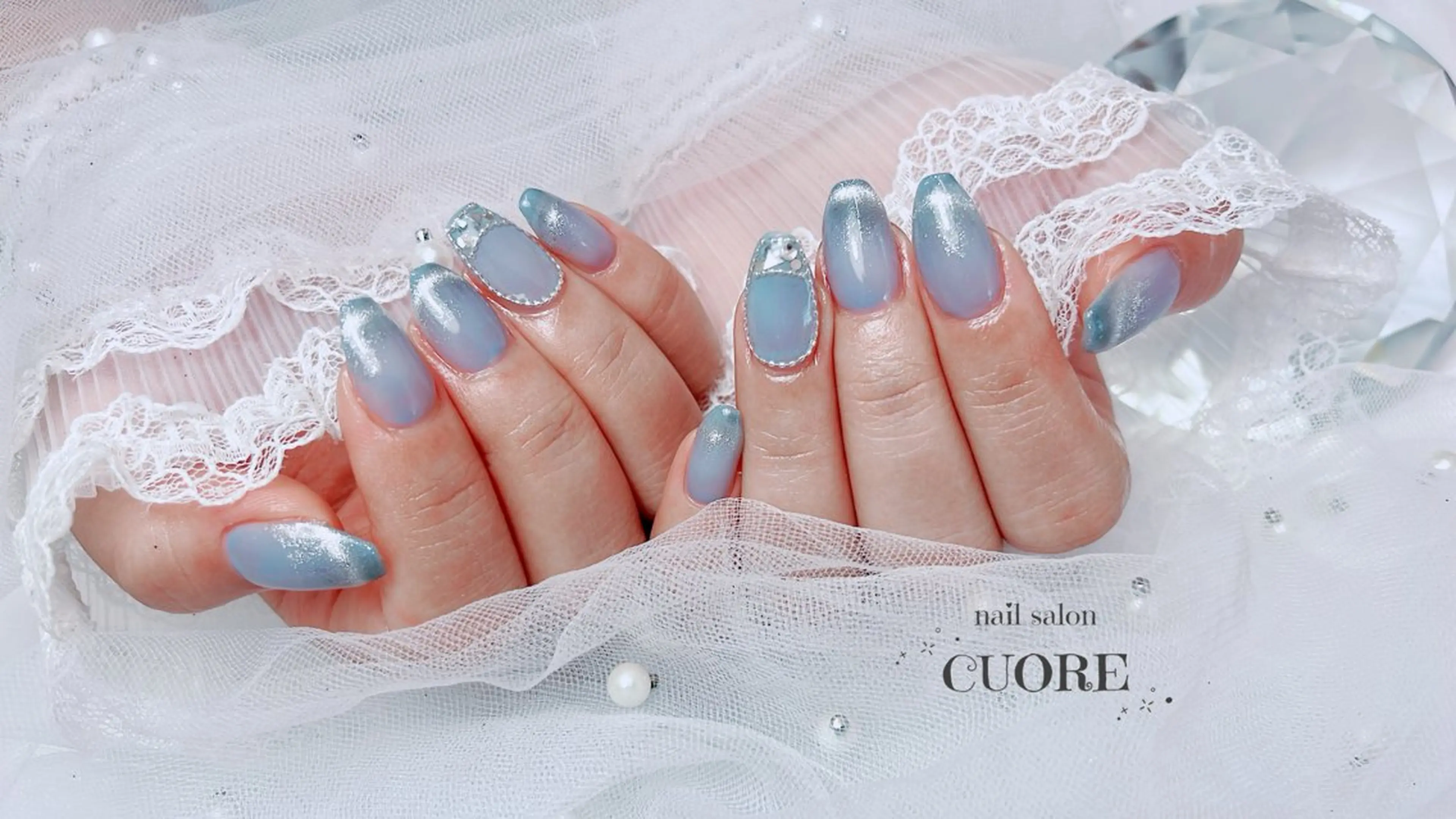 ネイル ブルー フレンチネイル マグネットネイル マグネットフレンチ nail salon CUOREのネイルデザイン