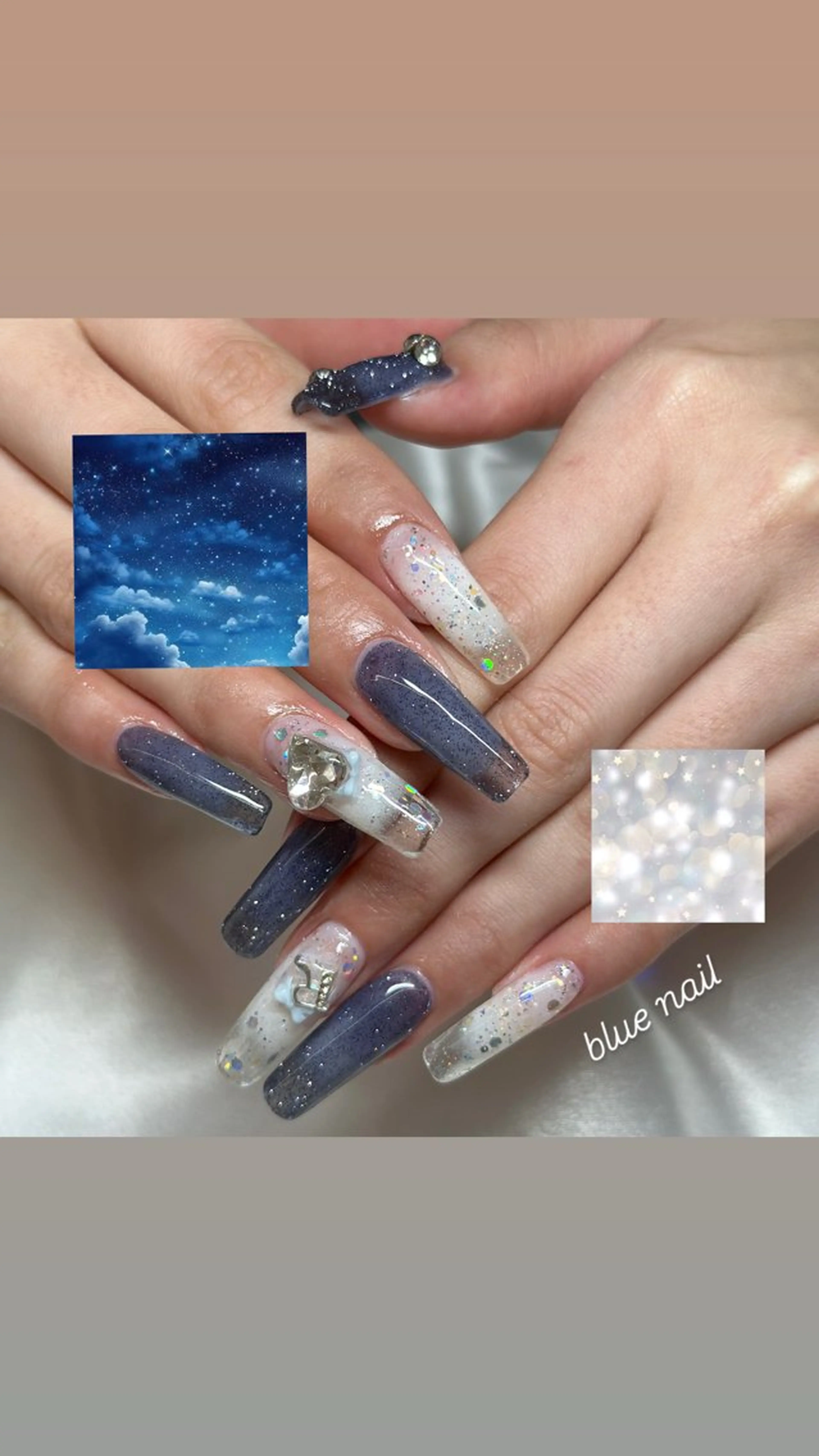 ネイル ブルー 長さ出し フラッシュネイル ジェルネイル ロングネイル ハンドネイル fukuyasu rikaのネイルデザイン