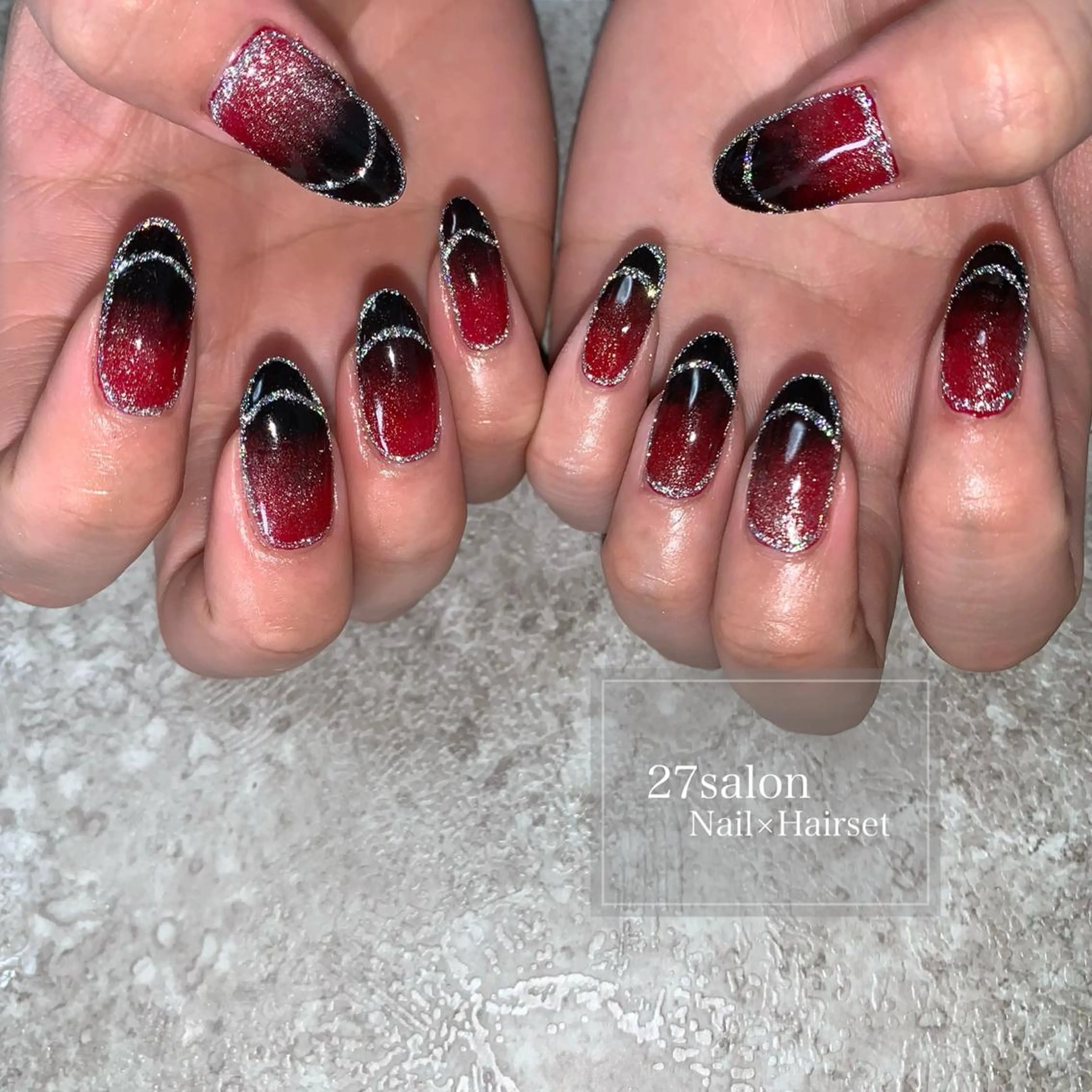 ネイル ボルドー フラッシュネイル フレンチネイル マグネットネイル 27salon yuinaのネイルデザイン